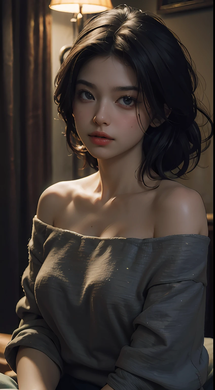 Best quality, masterpiece, ultra high res, (photorealistic:1.4), raw photo, 1girl, off shoulder, cinematic lighting