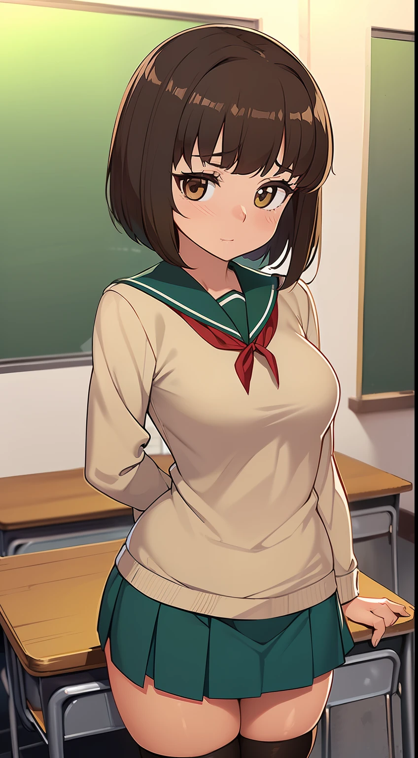 ((((kipteitei art)))), ((highres)),Masterpiece, high quality, best quality, beautiful, perfect lighting, detailed face, ultra cute face, ((1girl)), ((solo), brown hair, bob cut, bangs, ((fluffy hair)), brown eyes, nervous look, shy, blush, ((school uniform)), ((tan Blaser sweater)), thigh highs, green skirt, classroom, ((small breasts)), perky breasts, wide hips, thick thighs, 19 year old girl,