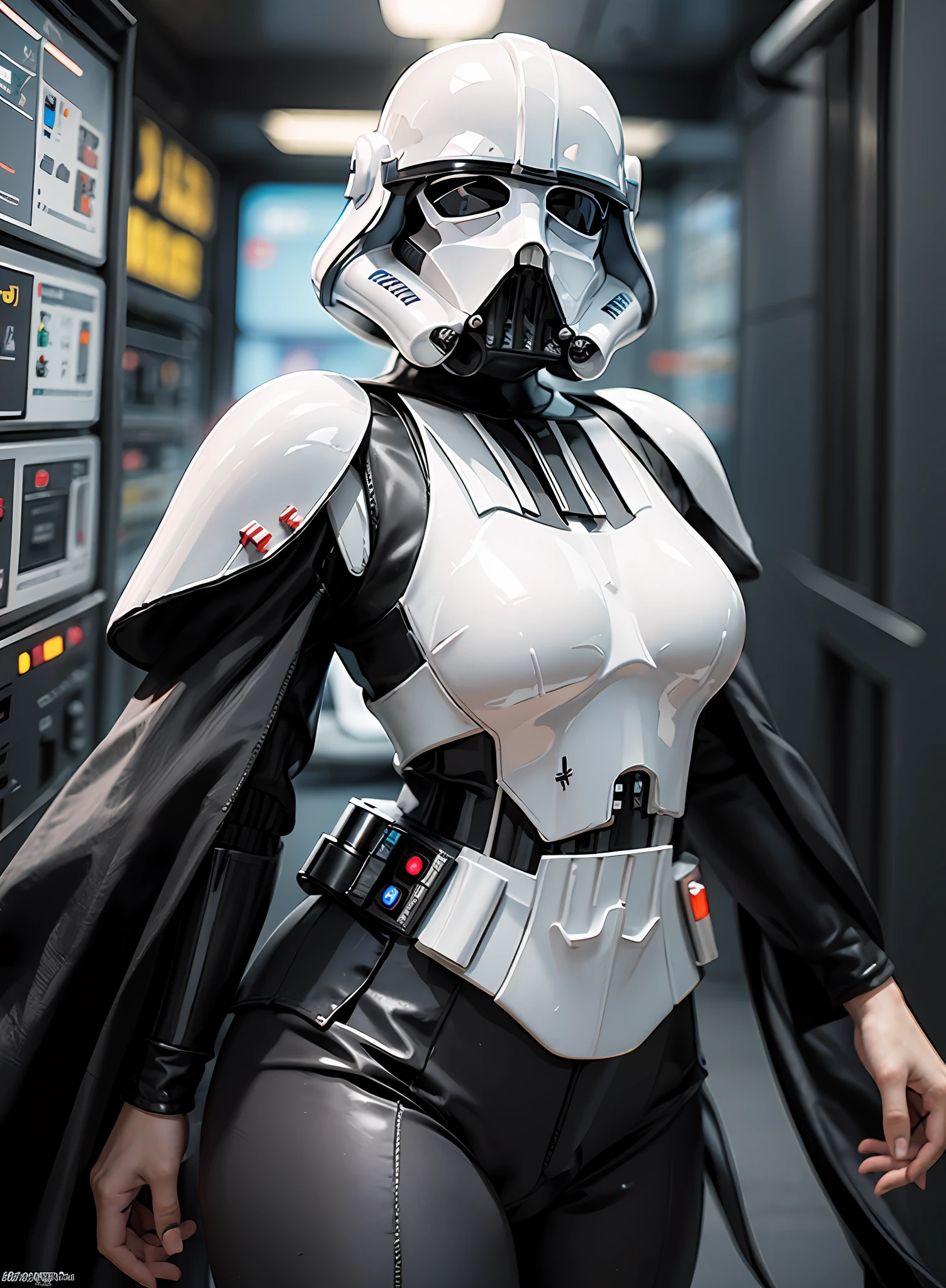 mulher de peito grande, darth vader stormtrooper com arma, in the space