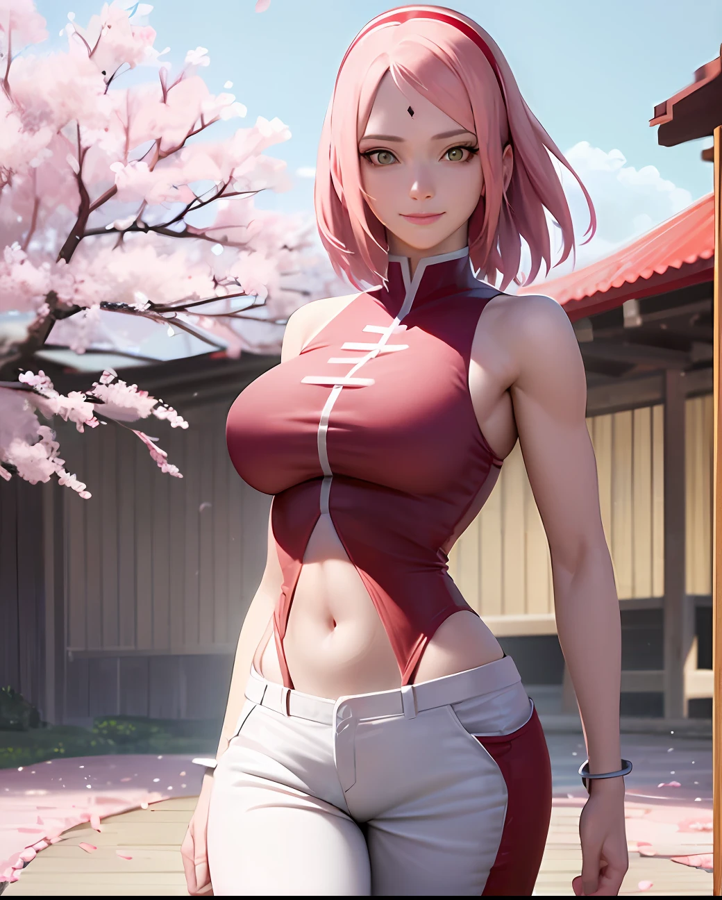 Realistic, Photorealistic,cowboy shot,masterpiece, absurdres ,1girl, haruno sakura, forehead mark, red hairband, red sleeveless dress, white pants, navel, groin, bracelet, looking at viewer, smile, cherry blossoms, private garden, wind, floating hair, large breast ,(((wide hips))), toned body, detailed eyes,