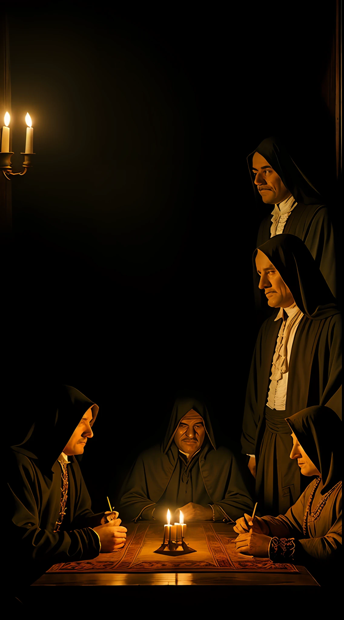 (extremely detailed historical photo, secret meeting, cloaked figures sitting at a big wooden table),(18th-century theme, illuminati symbolism, shadowy atmosphere), antique filter, dark tonality, candlelight effect, subdued colors.