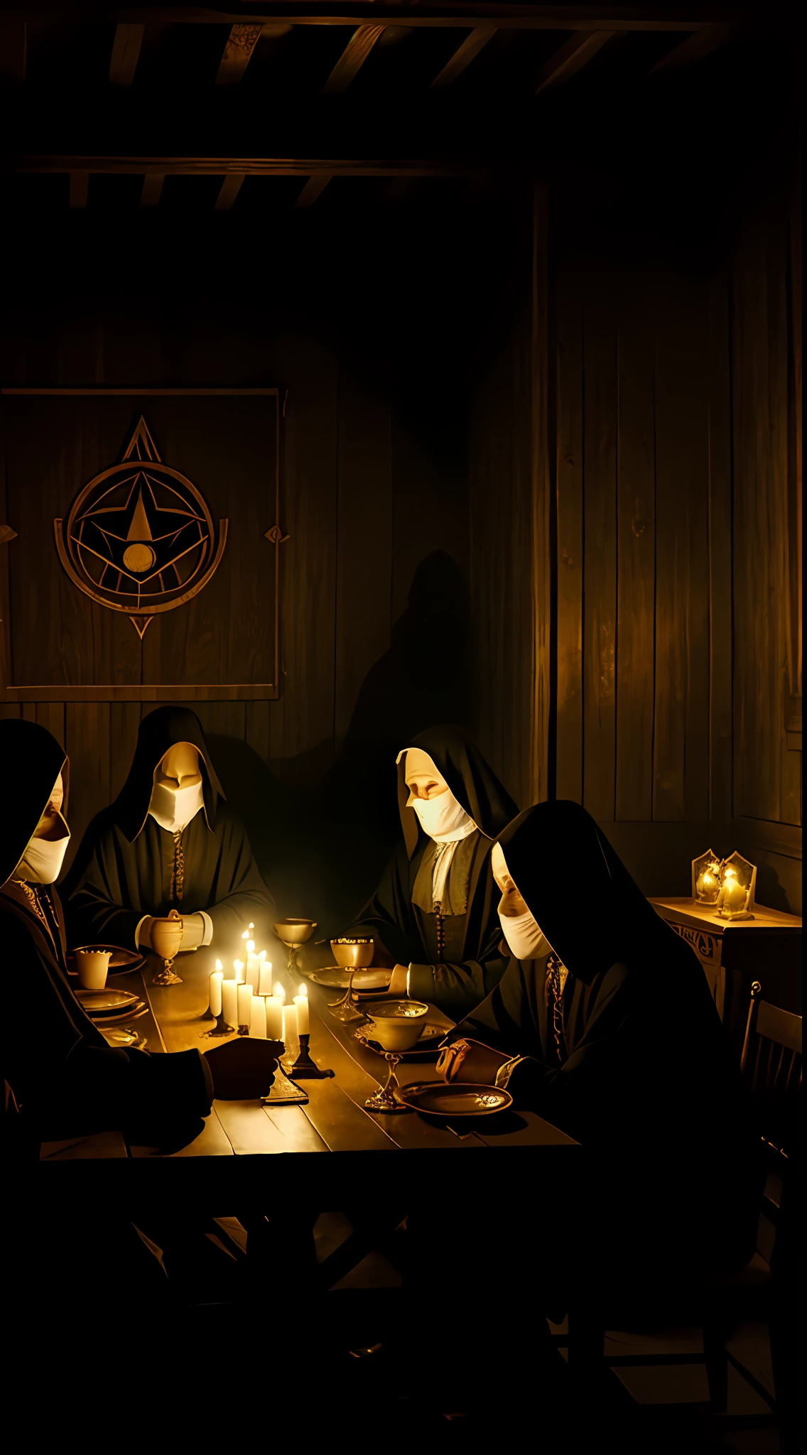 (extremely detailed historical photo, secret meeting, cloaked figures sitting at a big wooden table),(18th-century theme, illuminati symbolism, shadowy atmosphere), antique filter, dark tonality, candlelight effect, subdued colors.