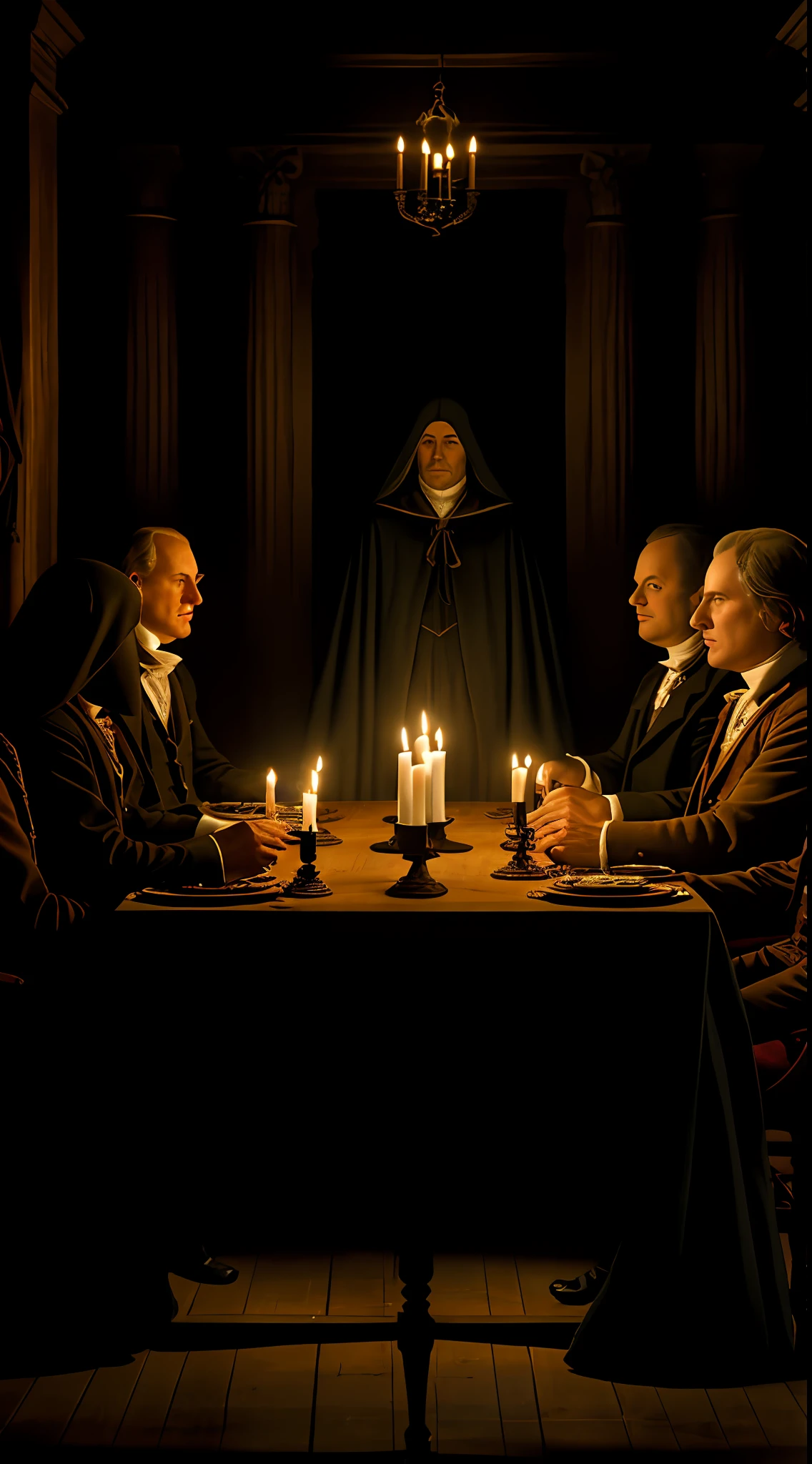 "A historically accurate depiction of a secret meeting of the Illuminati in the 18th century, featuring cloaked and shadowy figures seated around a large, wooden table. The setting should be dark and mysterious, with hints of candlelight illuminating the figures. The overall atmosphere should be tense and secretive, with an air of danger and intrigue."
