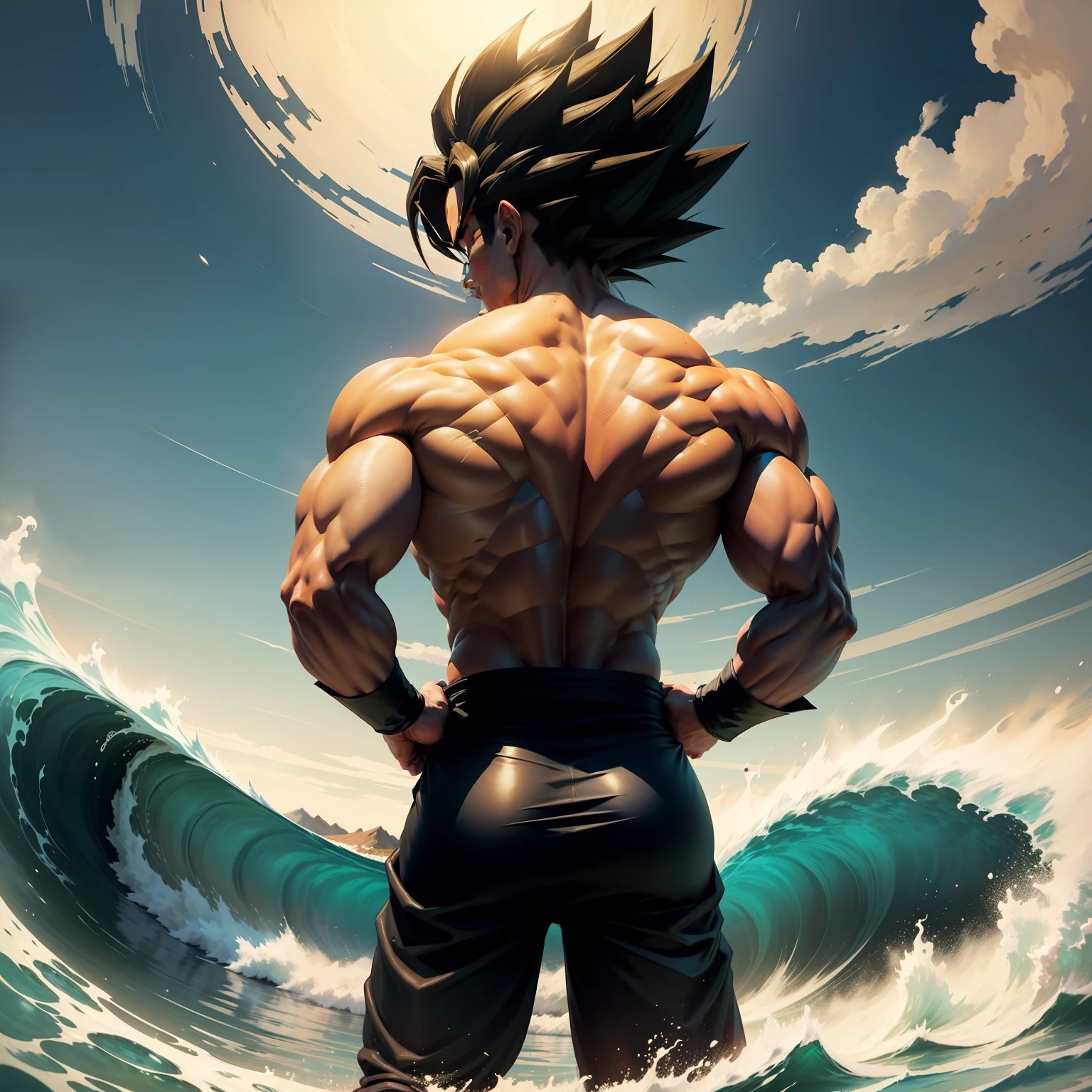 Dragon Ball style，Wide-angle perspective ，Strong Kakarot with his back to the camera，Emit aero work waves --auto