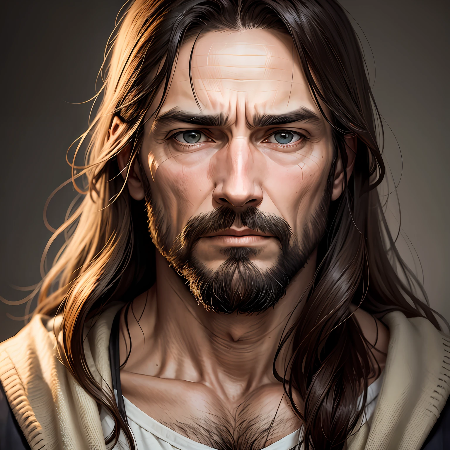 realistic portrait of adult jesus christ, middle-aged appearance, melancholic face --auto