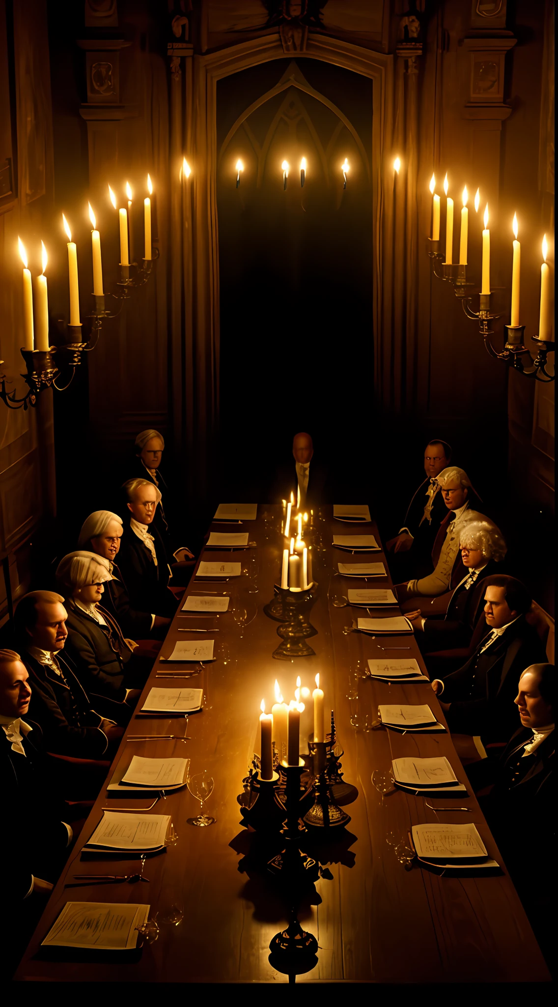 "A historically accurate depiction of a secret meeting of the Illuminati in the 18th century, featuring cloaked and shadowy figures seated around a large, wooden table. The setting should be dark and mysterious, with hints of candlelight illuminating the figures. The overall atmosphere should be tense and secretive, with an air of danger and intrigue."