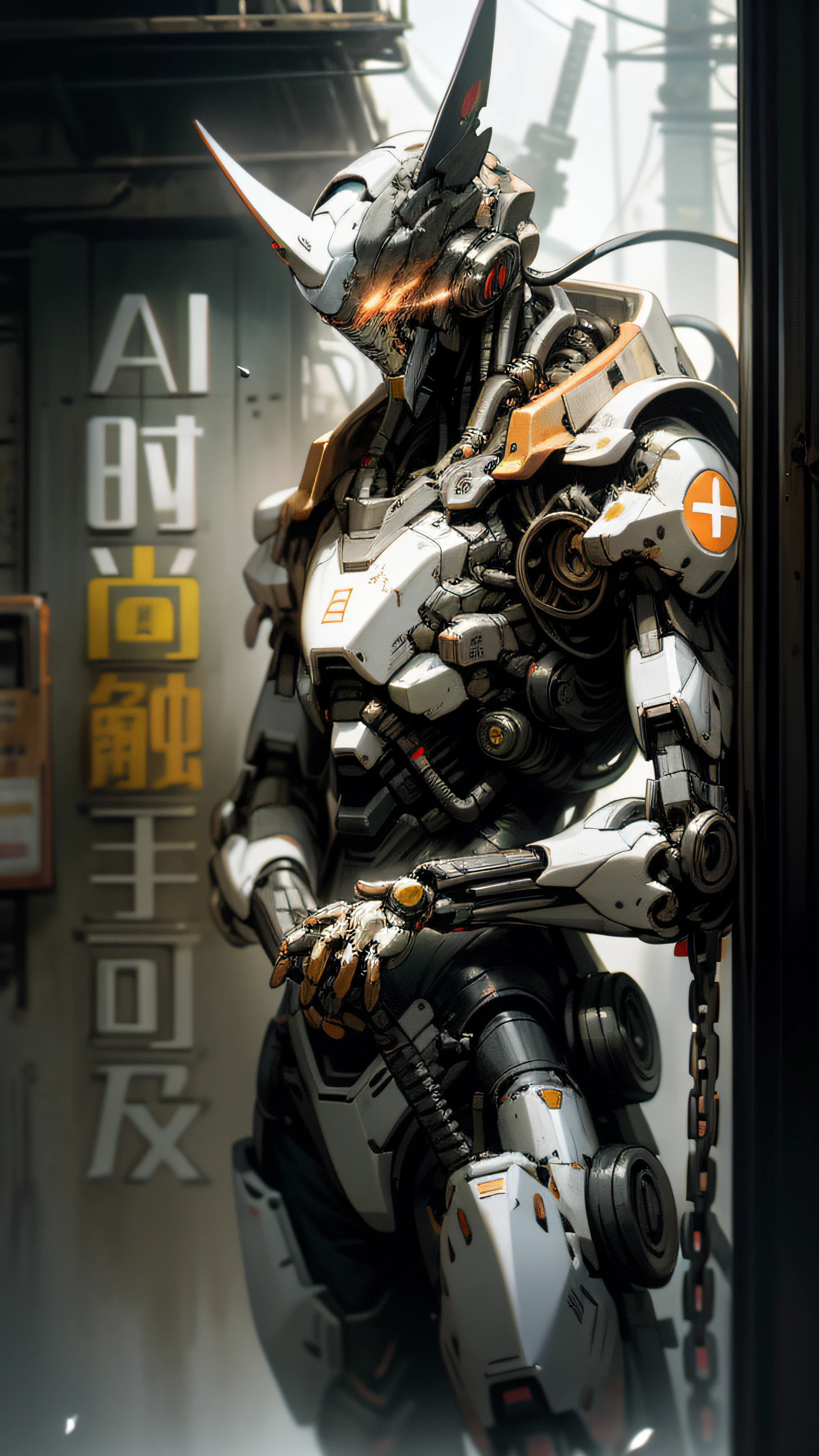 Blockbuster，tmasterpiece，super detailing，Dark_fantasy,Cyberpunk,(chainsaw,chainsawman,Red:1.1),1人,Mechanical Wonder,Robotic presence,cybernetic guardians,wearing a worn-out mech suit，iintricate，（Steel metal[rusted]），ellegance，Clear focus，Photo by Greg Rutkowski，gentlesoftlighting，vivd colour，tmasterpiece，（（the street）），cow boy shot，dynamicposes，8K，Wallpapers，超高分辨率