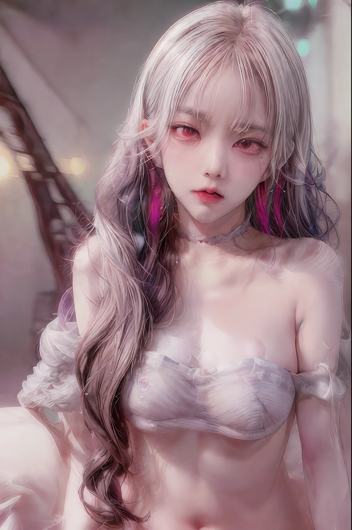best quality), (masterpiece), (highres), original, extremely detailed 8K wallpaper, (an extremely delicate), Best quality, masterpiece, (((disgusted and unhappy expression))), (((disgusted face, unhappy face))), (((white hair))), angry Frown, ultra high res, (photorealistic:1.4), raw photo, street photography, photo of a Asian young girl, She touch her own breasts, sexy, sexy body, wet body, (sheer fabric:1.35), (loose:1.5), white lace strapless dress, (((huge)saggy breasts)), (bare breasts), (((erect nipple))), ((areolas)), (Korean(kpop idol)), ((puffy eyes(pink eyes))), deep shadow, low key, cold light, deep contrast, bokeh, depth of field, below angle, low angle, (looking at viewer, softly smiling), a photo of a inside a bedroom, a lot of bubbles around her, ((upper body)), ((straight photo)), exposure blend, medium shot, bokeh, (hdr:1.4), high contrast, (cinematic, teal and orange:0.85), (muted colors, soothing tones:1.3), low saturation, (hyperdetailed:1.2), (nsfw:1.1),