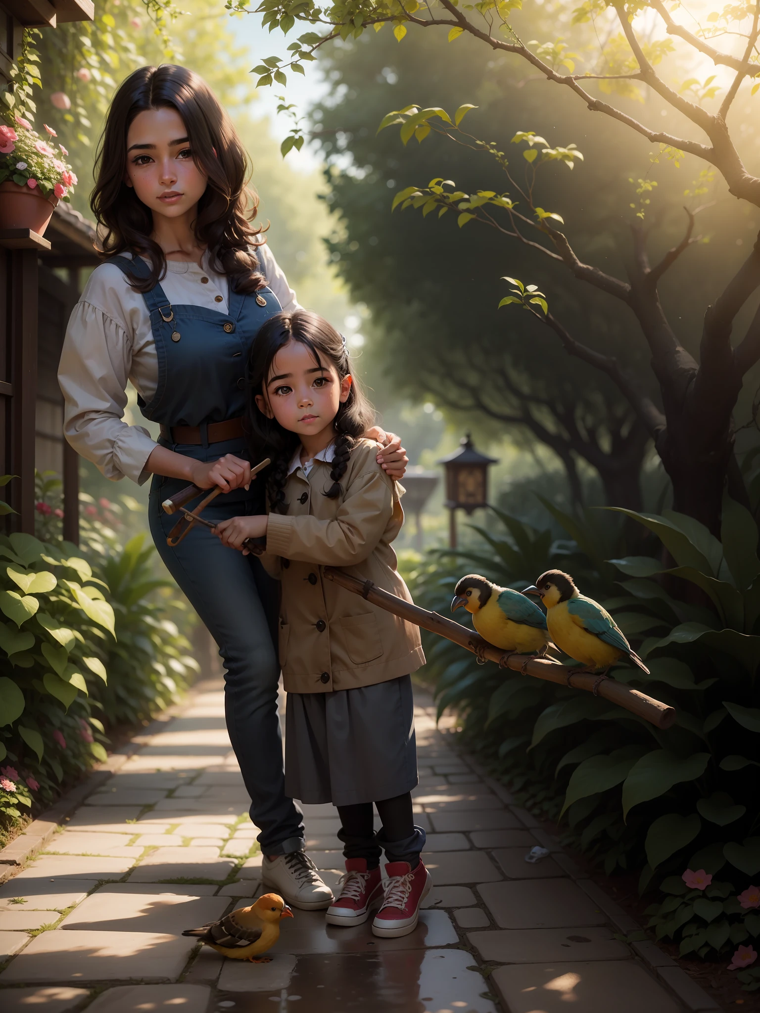 uma linda menina de 10 anos com cabelo castanho, holding a stick with 3 very cute little birds next to his mother, uma mulher muito bonita de 40 anos, longos cabelos castanhos encaracolados, in the background a beautiful garden with trees and a very colorful garden of flowers, hiper-realista,8k --auto