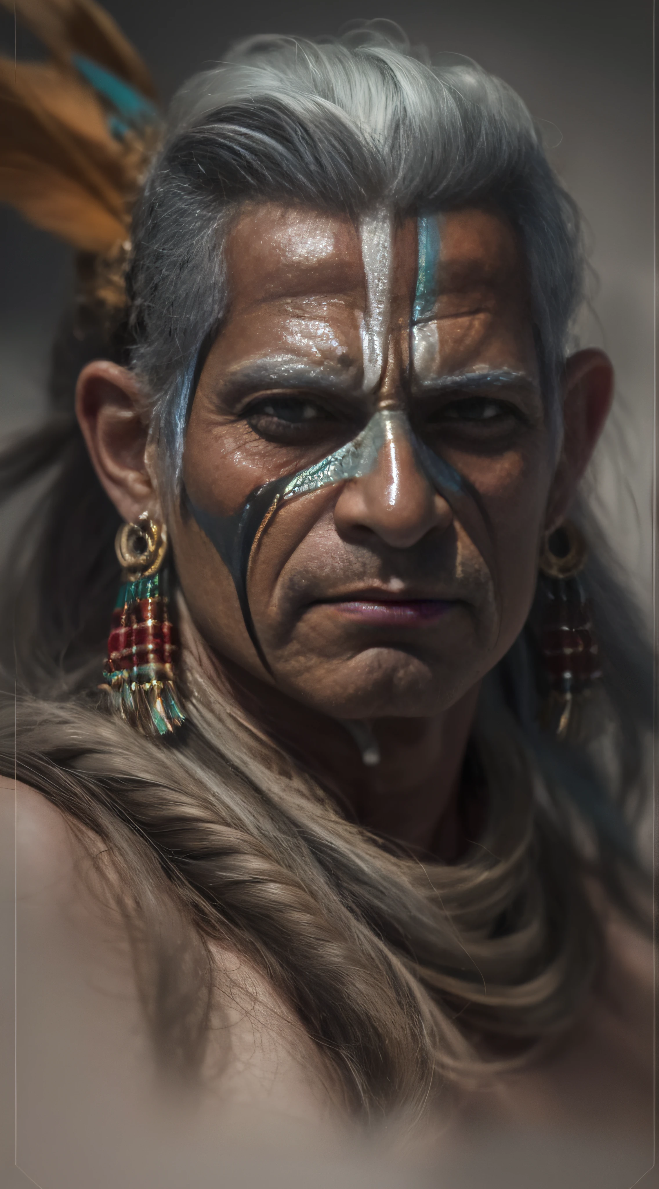 Cinematic portrait photo of an Indian, hunterxhunter, brasileiro, muito interessante, no meio da mata fechada, com arco e flecha, cocar de penas brancas, pintura de guerra, olhos abertos, olhando o espectador no olhos, Retrato VFX altamente detalhado, taken with a full frame camera with a wild lens, em sua aldeia