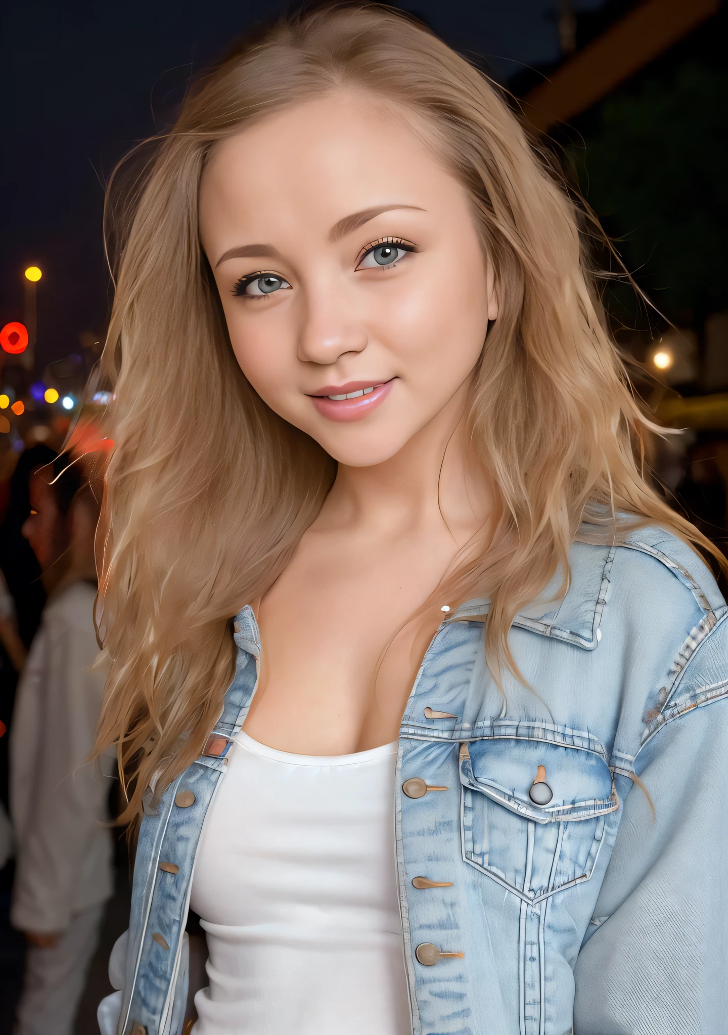 woman looking into the camera, at night, dark, wide angle, crowded street, blurry background, full body, slight smile, white shirt, (open denim jacket)