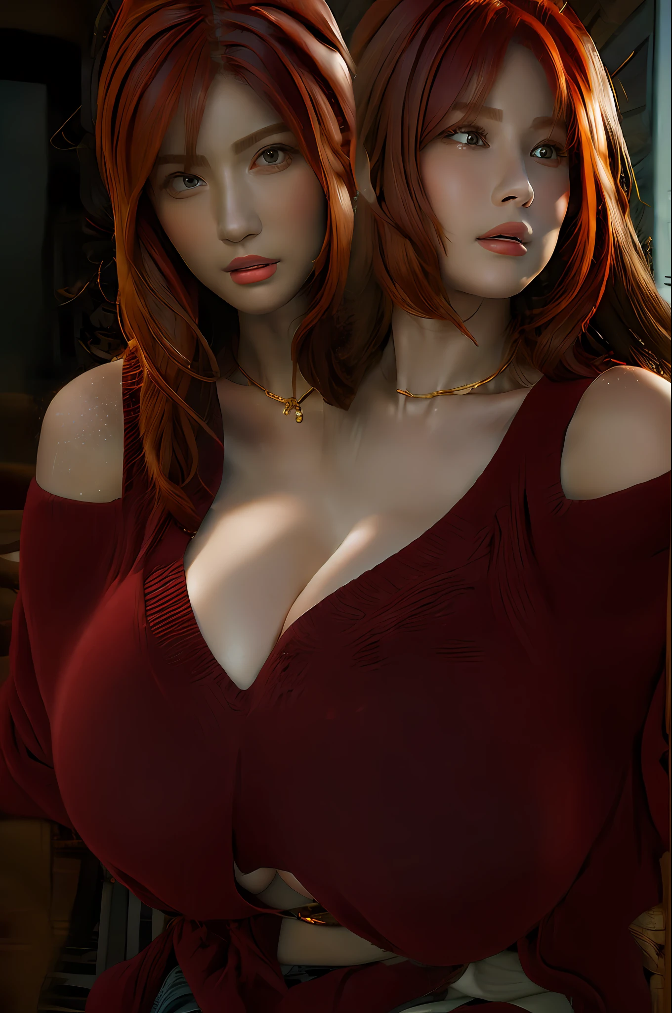 2heads, conjoined, enormous breasts, (masterpiece:1.3), (8k, photorealistic, RAW photo, best quality: 1.4), (1girl), beautiful face, (realistic face), (red hair, long hair:1.3), beautiful hairstyle, realistic eyes, beautiful round detailed eyes, gigantic breasts, not asian,(realistic skin), beautiful skin, (two times sweater), absurdres, attractive, ultra high res, ultra realistic, highly detailed, golden ratio, huge breasts, seductive. Disproportionately large breasts.