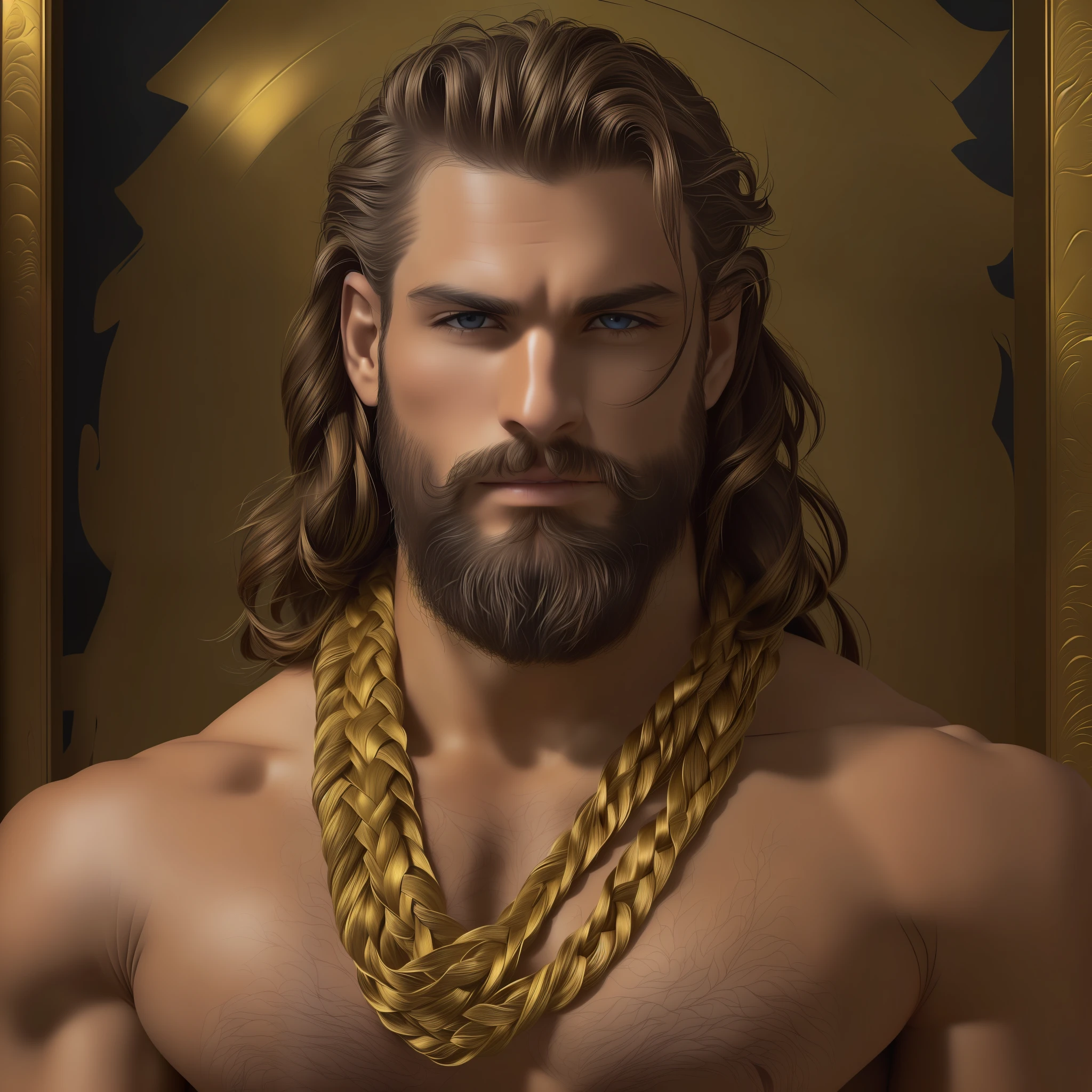 Homem adulto, manly face, cabelos castanhos, plaits, gold accessories, deus grego, olhos dourados, barba castanha, fundo olimpo, tempestade, raios dourados, ((Wallpaper extremamente detalhado 8k)), ((bons destaques)), ((perfectly proportions)), (cores complementares), Greek accessories