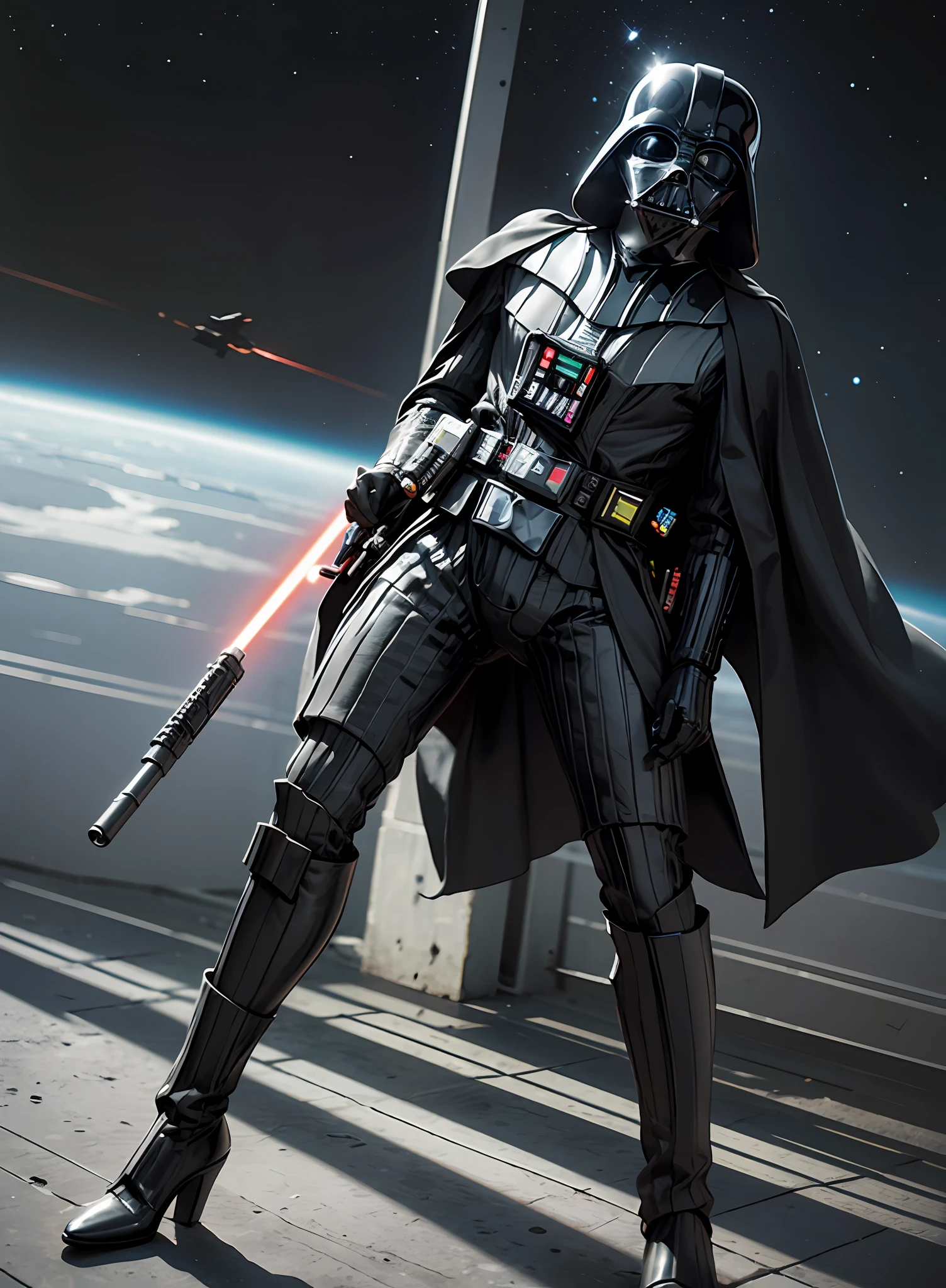 mulher de peito grande, darth vader com arma |, in the space