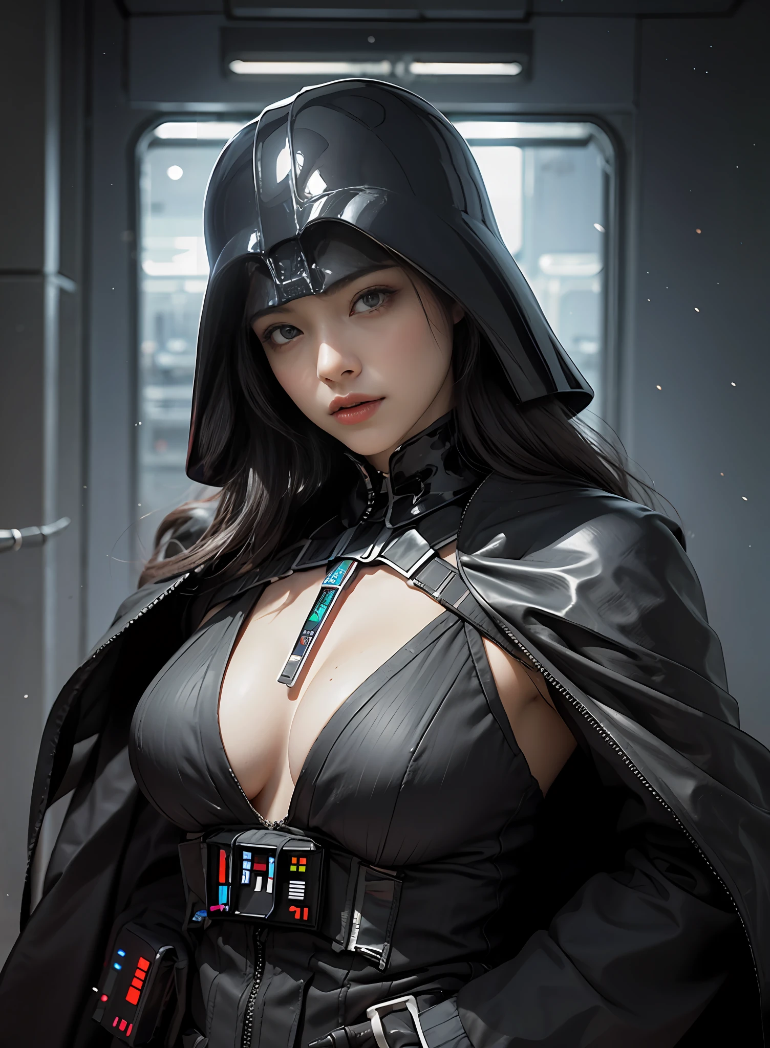 mulher de peito grande, darth vader com arma |, in the space