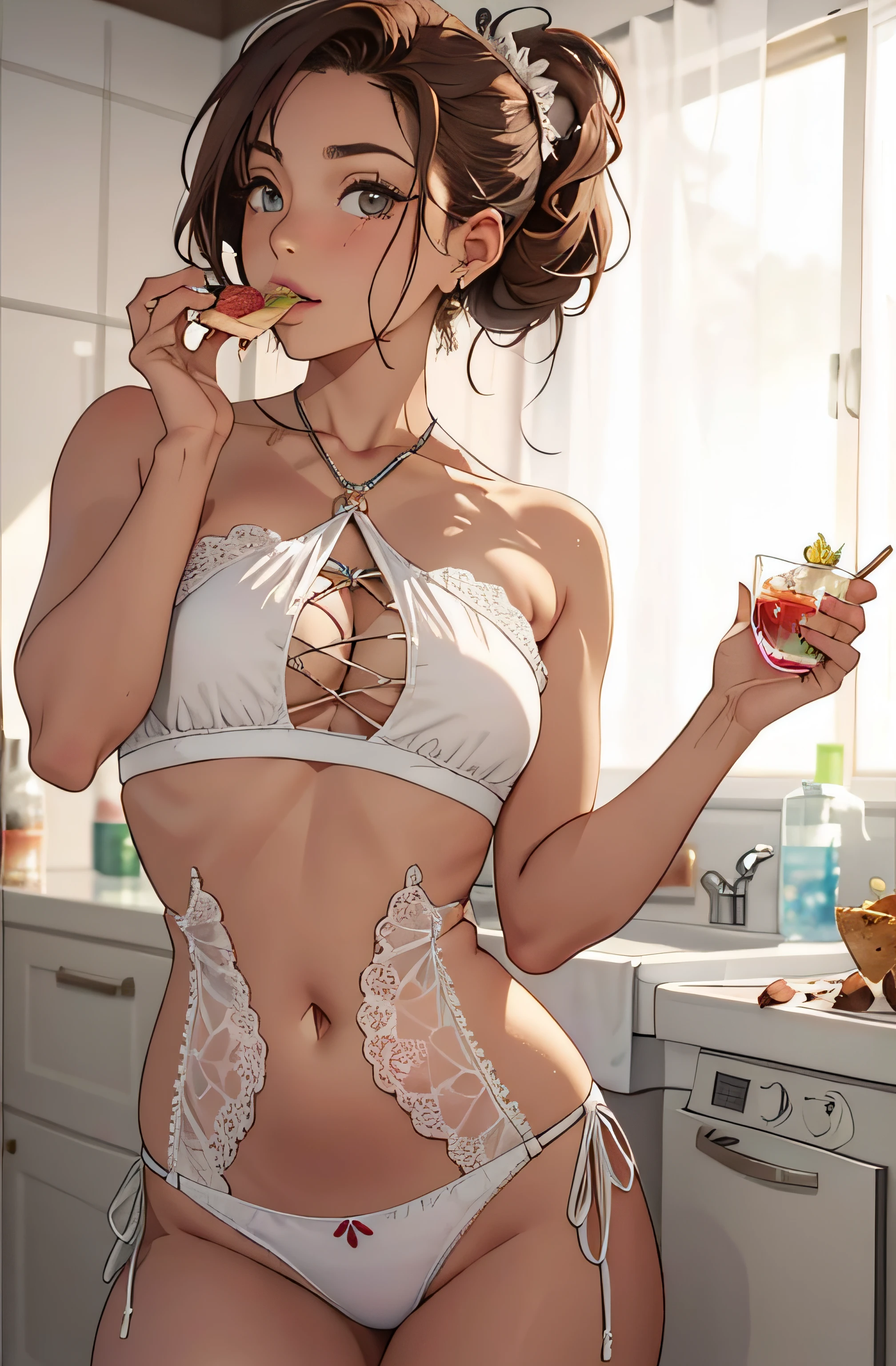 verano, DESIERTO, nubes rosadas, A land covered with roses meets beautiful girl, James Gurney, rendered art station, lente ultra gran angular, Hi-Def.. Mujer Araffe en bikini blanco comiendo un troso de pastel, cubierto de harina blanca, cubierto de arena, sudoroso y sucio, her belly button is exposed, cubierto de aceite, cubierto de chispas y sudoroso, sexy girl, Desordenado, Kitchen photography , cubierto de sal, Sexy cuerpo caliente, Cuerpo empapado, girlish, cuerpo sexy