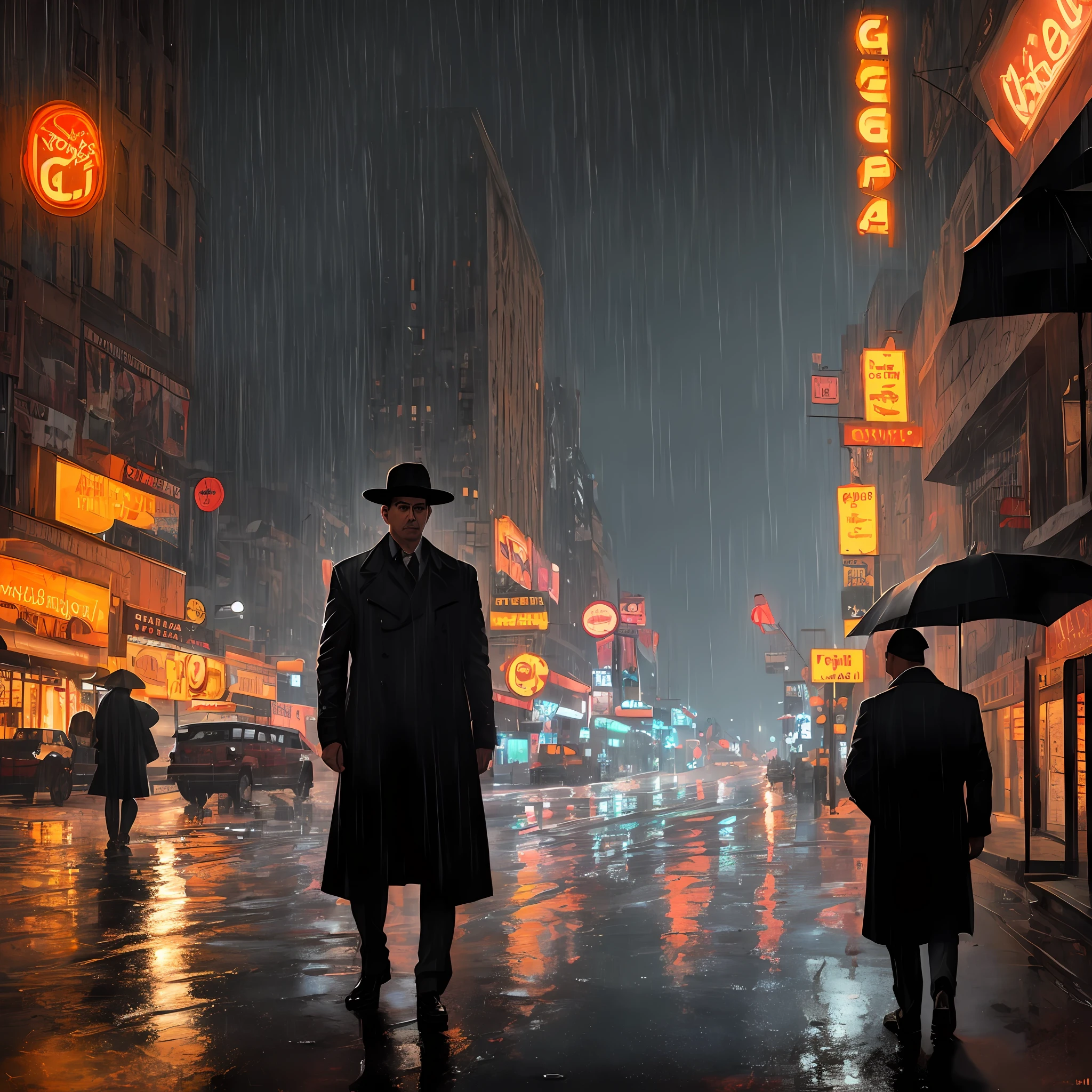 (masterpiece,best quality: 1.2), ultra-detailed face, (muted colours:1.2, dark studio, rim lighting, two tone lighting, dimly lit, low key, ), ((heavy rain weather)),long leather rain coat,
a poster for a 1930s \(style\), noir detective movie,(noir atmosphere:1), gloomy atmosphere,night city street, emphasis on noir colors,
New York in the 1930s, and Detective Jack Sullivan just returned to his office after a long day of pounding the pavement, trying to solve the latest case that had been thrown his way. It was a tough one, and he was no closer to finding the perpetrator than he was when he started,
trending on ArtStation, trending on CGSociety, Intricate, High Detail, dramatic, photorealistic painting art by midjourney and greg rutkowski,