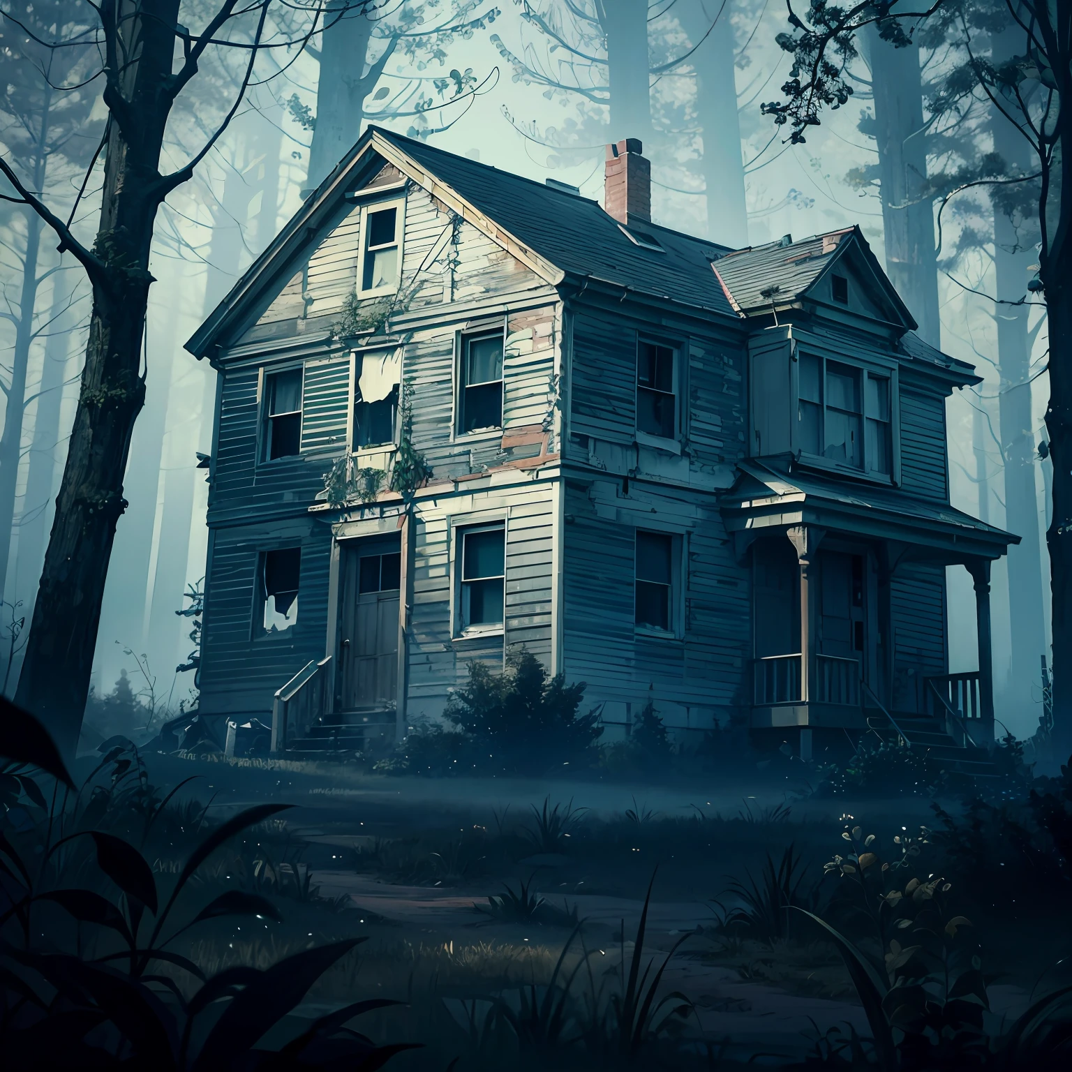 old abandoned big house in the forest, dark night, creepy, fog,UHD, high details, best quality, highres, 8k