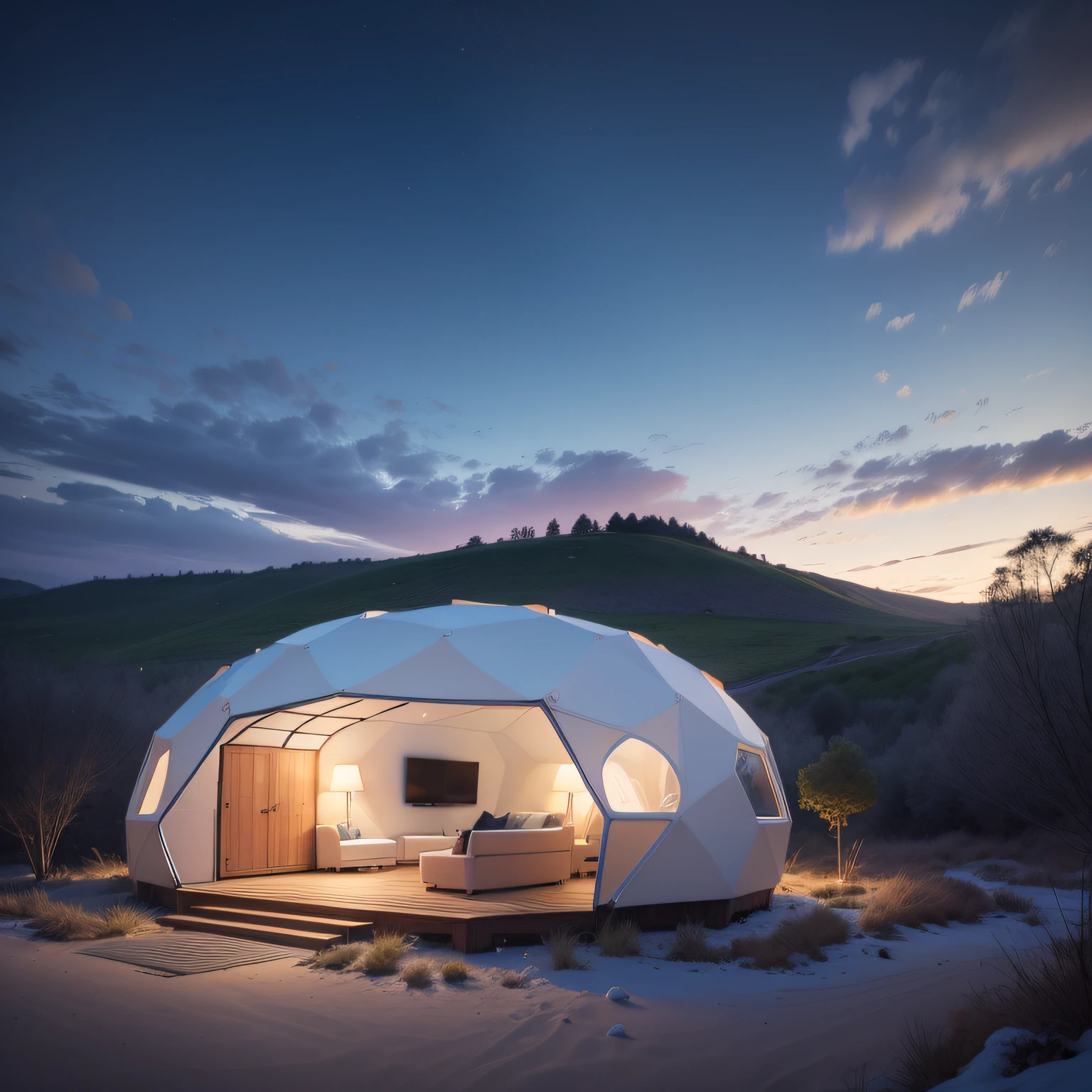 Mountain area at the foot of the sea, Undergrowth zone, Arquitetura futurista, construction of various igloos, Glamping, domos,Arquitetura futurista, Bioclimatic Architecture, Iglos brancos, white domes, tendas, Campismo, solar panels. tendas zen sobre plataformas de madeira em estacas no terreno, wooden walkways between the igloos, Arquitetura Deslumbrante, renderizado, Ultra HD 3d  hiper-realismo, muito detalhe, obra-prima,  mais alta qualidade, detalhe intrincado, melhor textura, realista, 8k, luz suave, sombra perfeita, 
celestial, , Sleeping capsule, Ubobadadas , e de realidade virtual