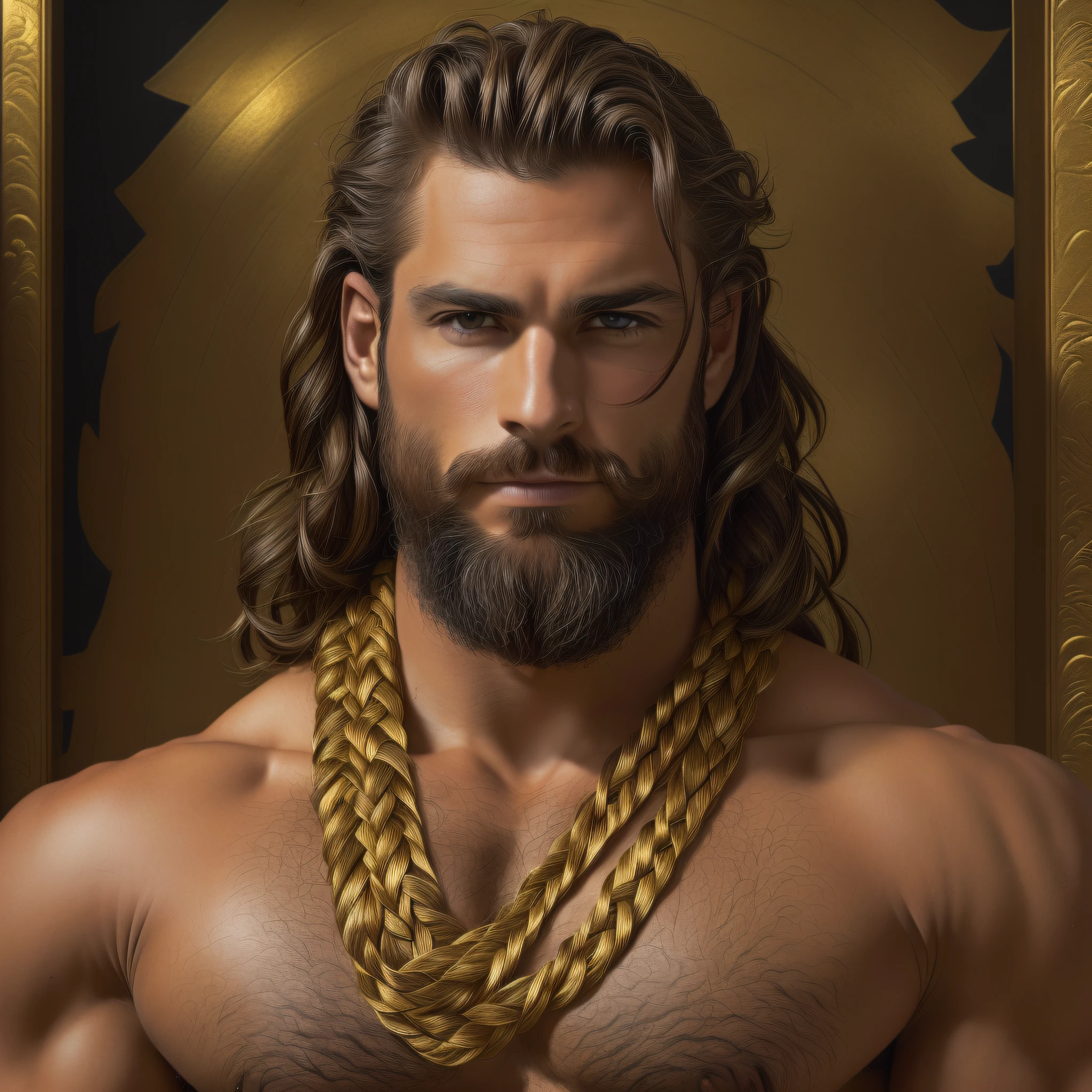 Homem adulto, manly face, cabelos castanhos, plaits, gold accessories, deus grego, olhos dourados, barba castanha, fundo olimpo, tempestade, raios dourados, ((Wallpaper extremamente detalhado 8k)), ((bons destaques)), ((perfectly proportions)), (cores complementares), Greek accessories