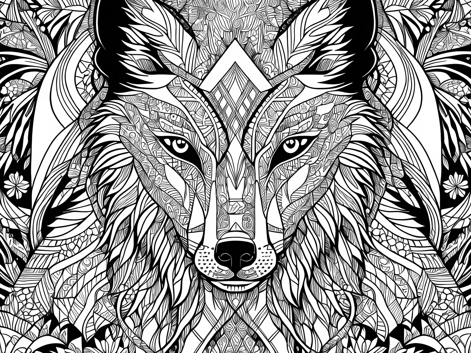 coloring book, connected lines, symmetry, one wolf head, facing front, black and white, thick line work, big patterns, negative space, thick pattern, beautiful forest pattern background, ink fine line art stylized, vector, adobe illustrator, eps, design for tattoo, African pattern