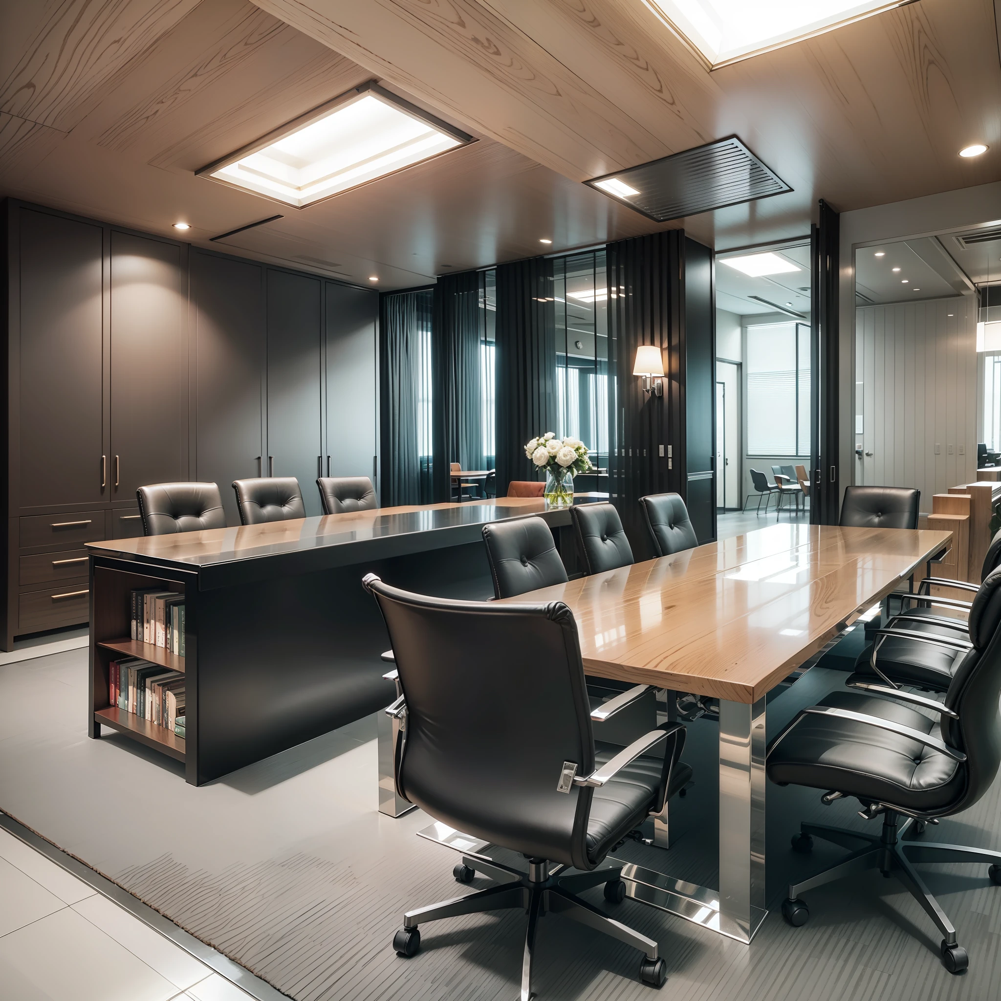 The law firm features contemporary design furniture, including armchairs upholstered in black and gray leather, tempered glass coffee tables with chrome bases, a solid wood meeting table with black leather chairs, and a built-in bookcase with brown leather bound legal books.