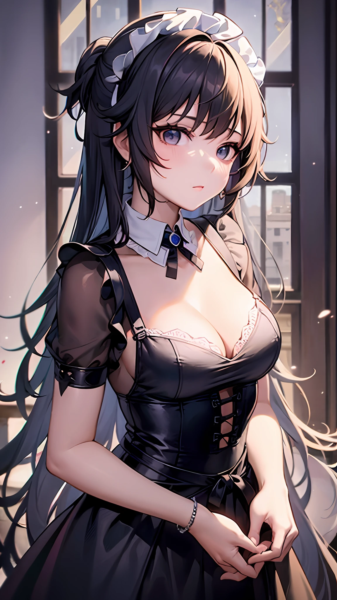 a close up of a woman in a dress with a white and black dress, gothic maiden anime girl, anime girl wearing a black dress, cute anime waifu in a nice dress, anime girl in a maid costume, an elegant gothic princess, guweiz, guweiz on pixiv artstation, guweiz on artstation pixiv, beautiful anime girl