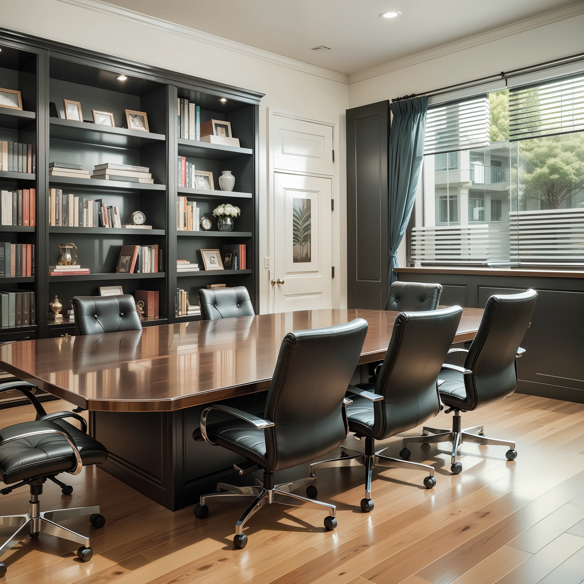 The law firm features contemporary design furniture, including armchairs upholstered in black and gray leather, tempered glass coffee tables with chrome bases, a solid wood meeting table with black leather chairs, and a built-in bookcase with brown leather bound legal books.