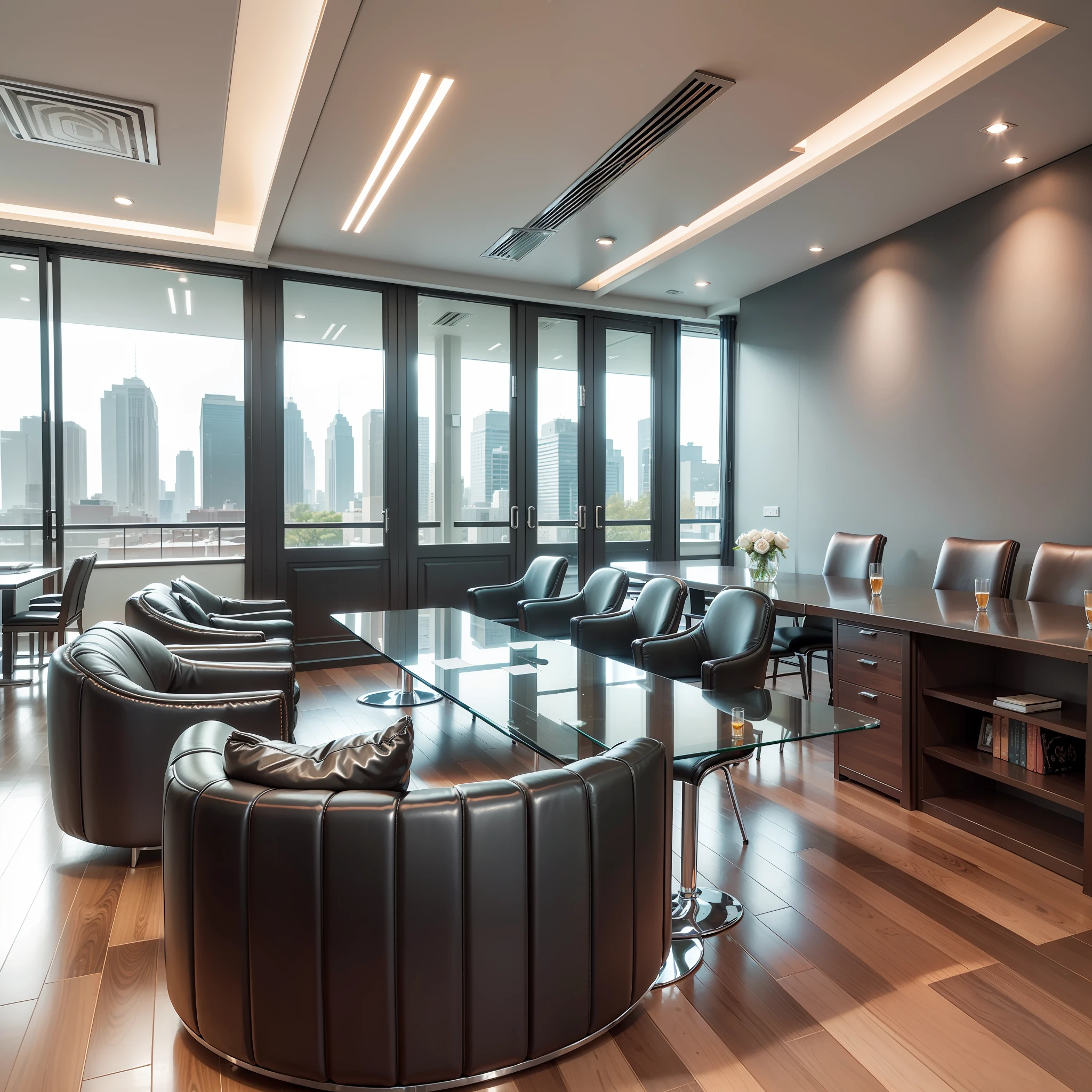 The law firm features contemporary design furniture, including armchairs upholstered in black and gray leather, tempered glass coffee tables with chrome bases, a solid wood meeting table with black leather chairs, and a built-in bookcase with brown leather bound legal books.