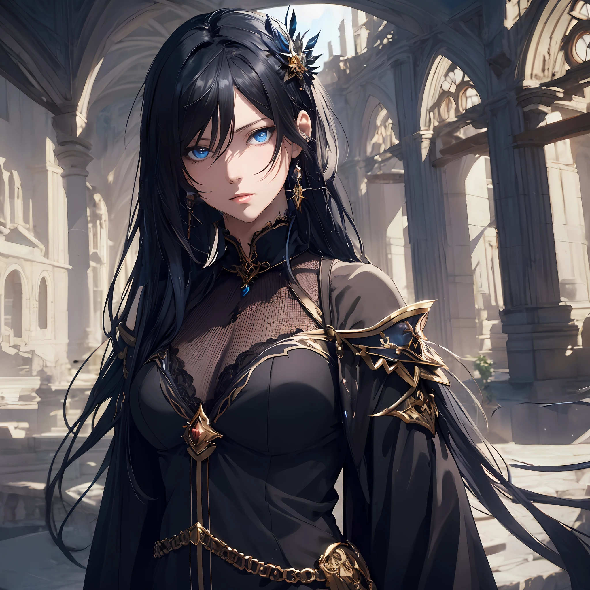 masterpiece, best quality, 1woman adult, female focus, solo, black hair, vibrant blue eyes, long hair with fringe, looking at viewer, closed mouth, bangs, Fantasy aesthetics, fantasy earring, Highly detailed, shadowverse style, black attire, sorceress