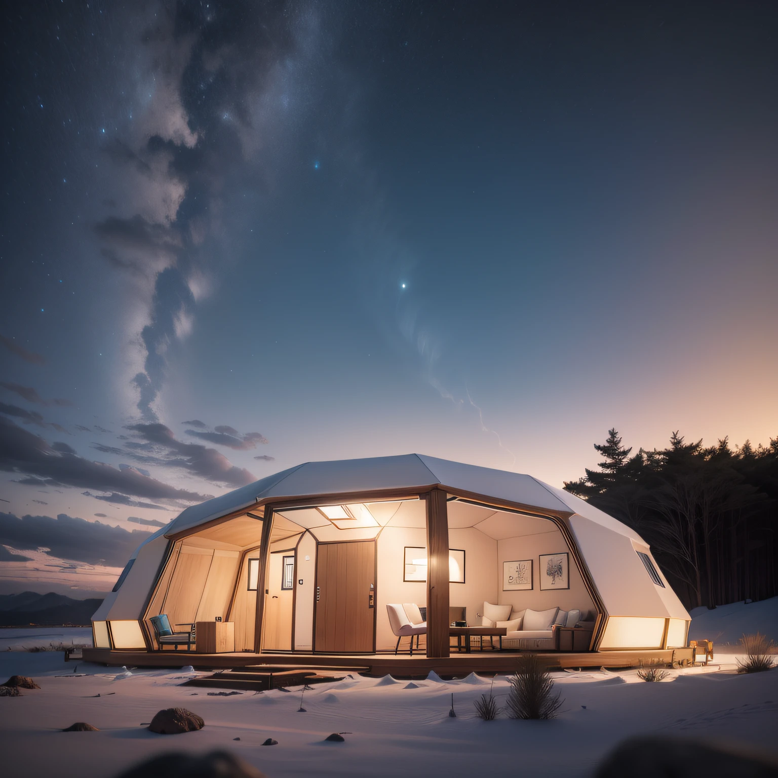 Mountain area at the foot of the sea, Undergrowth zone, Arquitetura futurista, construction of various igloos, Glamping, domos,Arquitetura futurista, Bioclimatic Architecture, Iglos brancos, white domes, tendas, Campismo, solar panels. tendas zen sobre plataformas de madeira em estacas no terreno, wooden walkways between the igloos, Arquitetura Deslumbrante, renderizado, Ultra HD 3d hiper-realismo, muito detalhe, obra-prima, mais alta qualidade, detalhe intrincado, melhor textura, realista, 8k, luz suave, sombra perfeita,
celestial, , Sleeping capsule, Ubobadadas , e de realidade virtual
