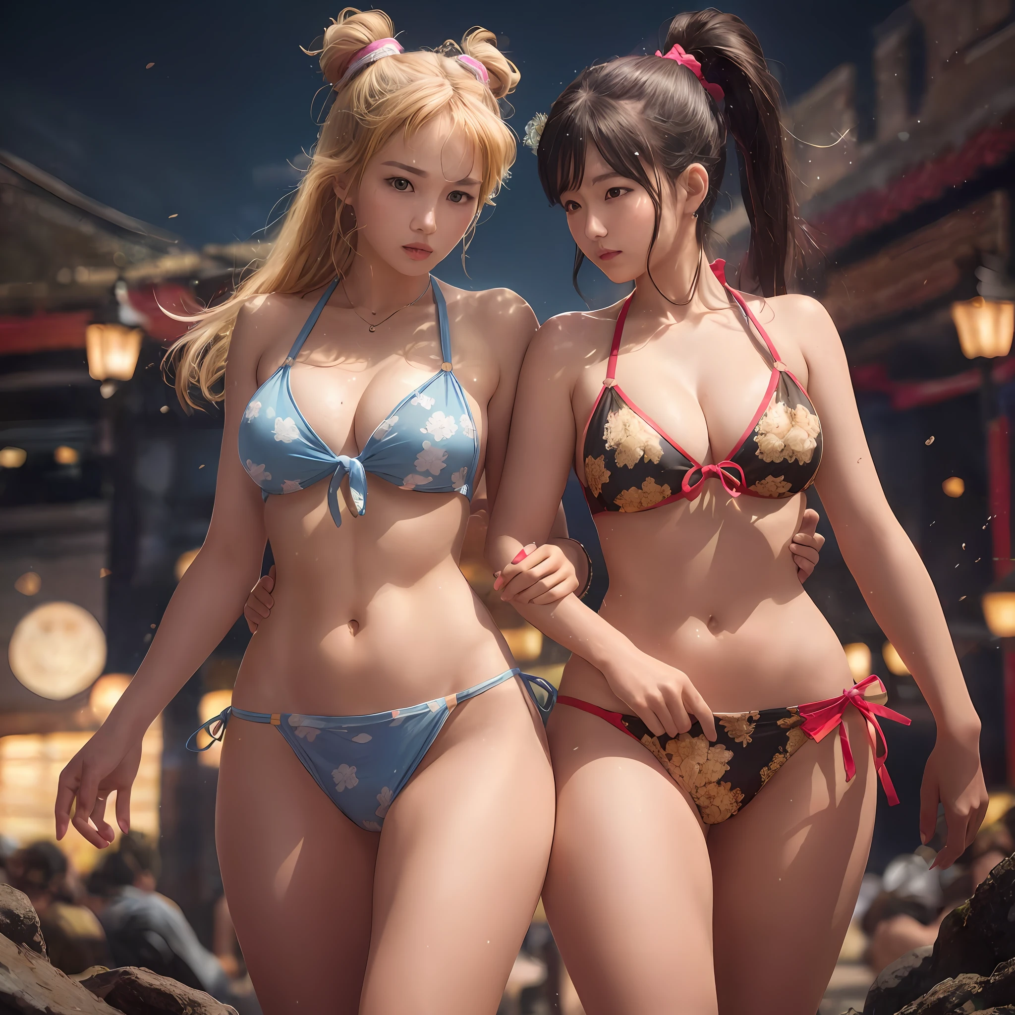 Two women in bikinis stand side by side on the beach, WLOP and Sakimichan, Two beautiful girls, wlop and ross thran, Anime girls, trending on cgstation, nixeu and sakimichan, realistic bikini, Realistic young gravure idol, Range Murata and Artgerm, Ross Tran 8 K，Skin texture, clear pores