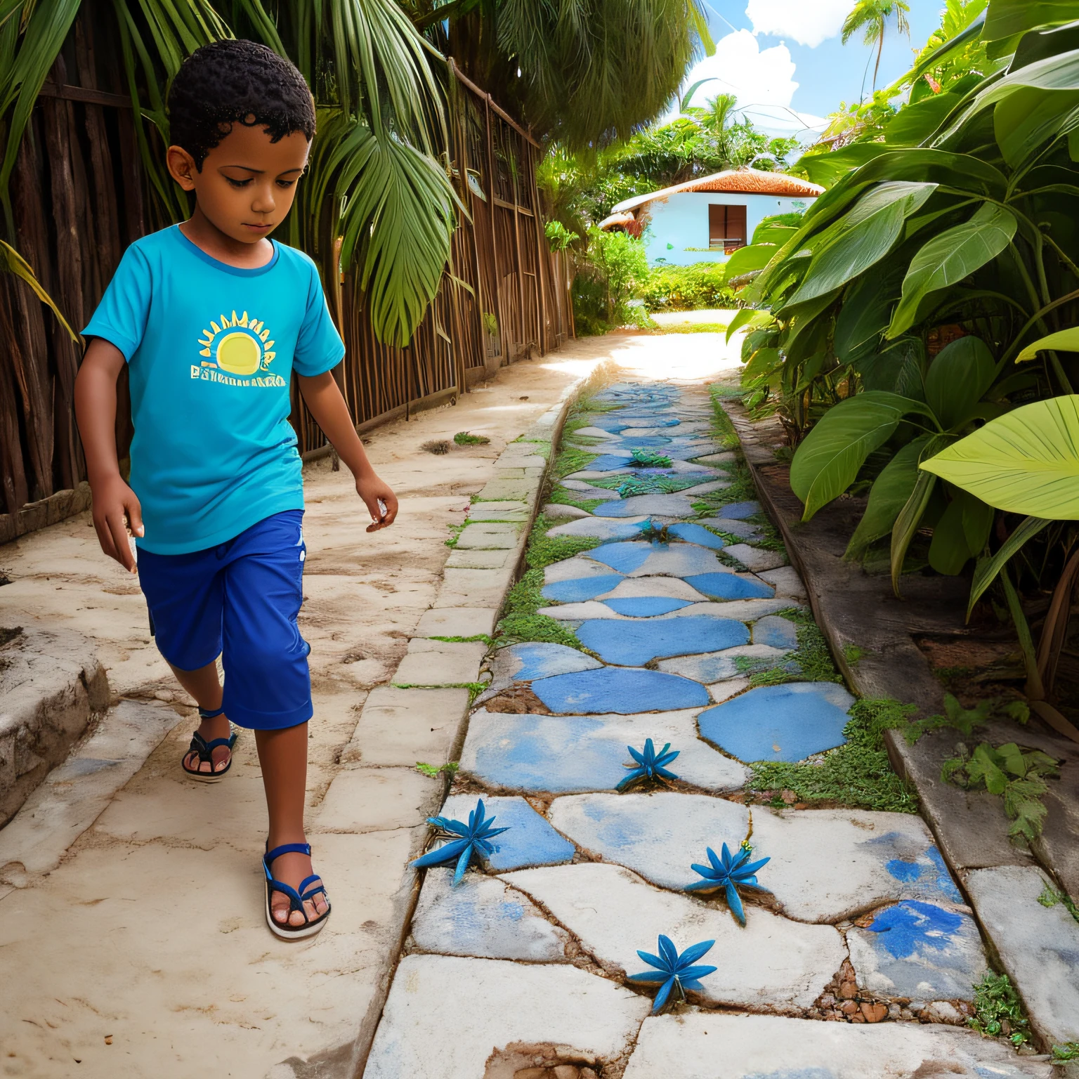 1 boy aventureiro, 6 anos, aventureiro, espantado, Curvado, looking at strange seeds on the ground, camiseta colorida, bermuda azul, Brasil, jardim, birds, luz solar, piso, nuvens, quintal de casa