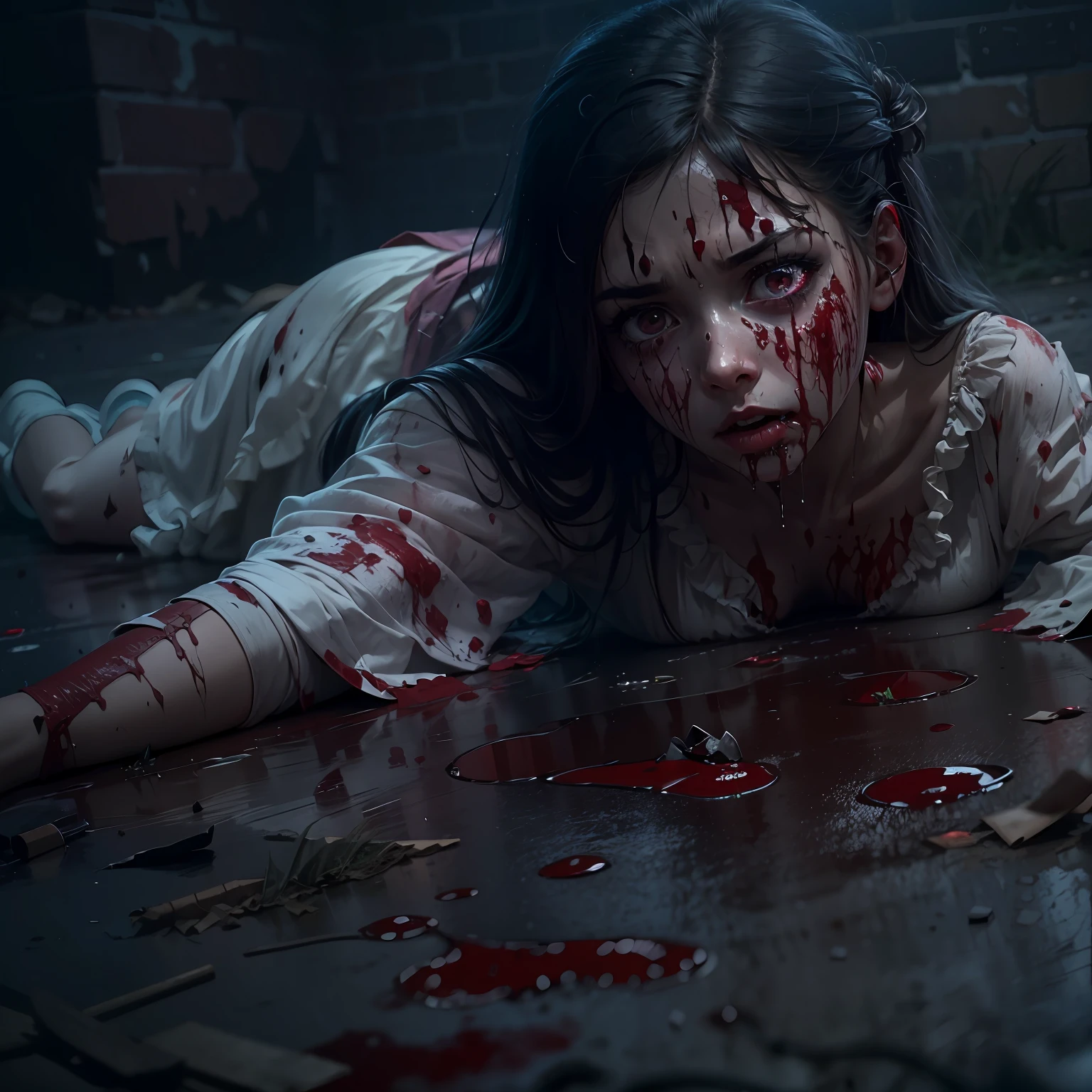 dead girl crawls on the floor with bloodied body, wide sad eyes, expression of pain, bloody puddle, bloody dress, filthy dark basement full of garbage, darkness, fog, mist, creepy, UHD, high details, best quality, highres, 8k