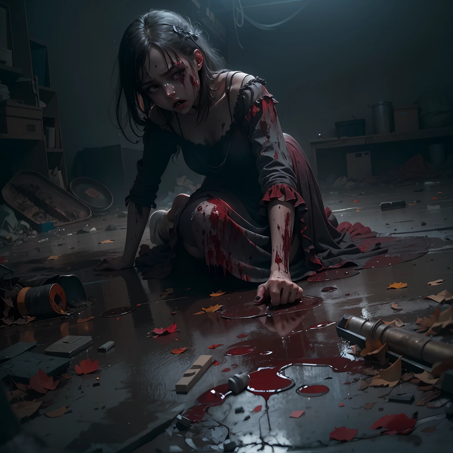 dead girl crawls on the floor with bloodied body, wide sad eyes, expression of pain, bloody puddle, bloody dress, filthy dark basement full of garbage, darkness, fog, mist, creepy, UHD, high details, best quality, highres, 8k