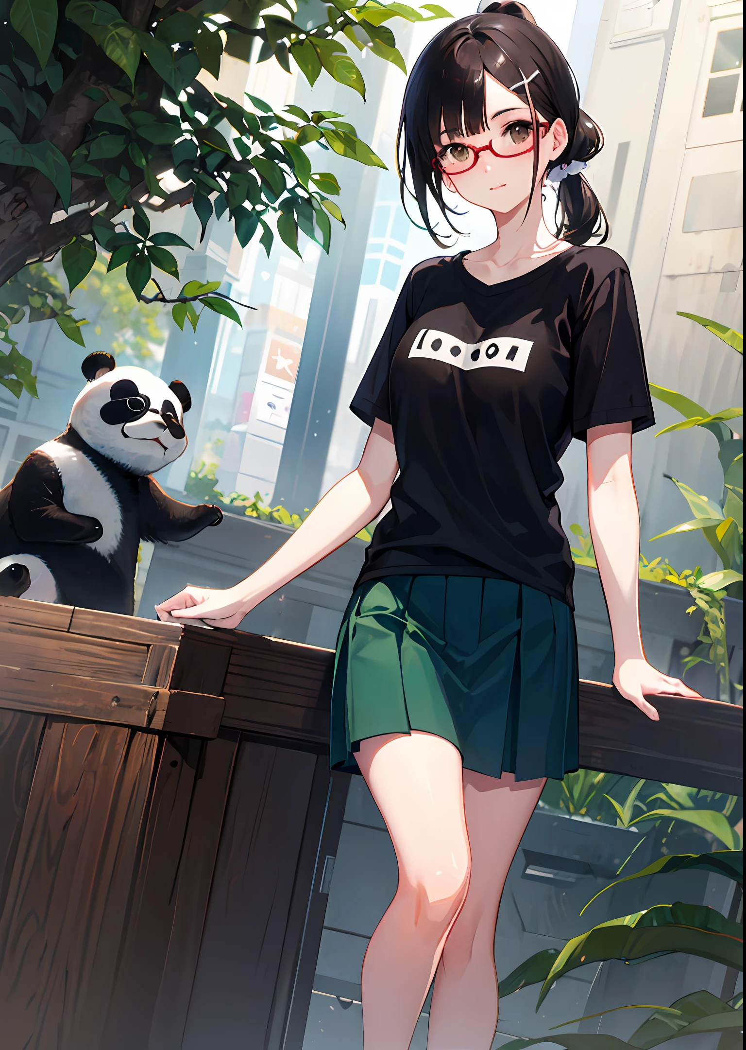 18 years old young and cute girl,Short black hair with double ponytail,Wearing panda hairpins,He also wears a large round black thick-rimmed glasses,Brown eyes,Wears short white sleeves and a short pale green skirt,