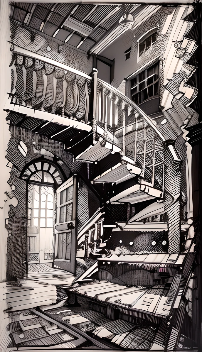 liminal non euclidian space containing a staircase, a door and a window, linocut style, escher style, black and white print, high contrast, masterpiece, Linocut, woodcut and wood engraving