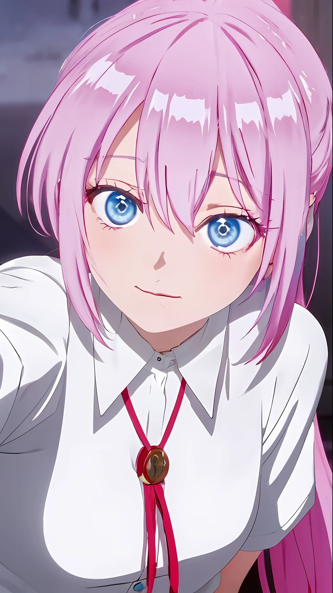 anime girl with pink hair and blue eyes in a white shirt, anime visual of a cute girl, today's featured anime still, anime visual of a young woman, anime girl named lucy, still from tv anime, close up of a young anime girl, with pink hair, in the anime film, still from anime, shikimori