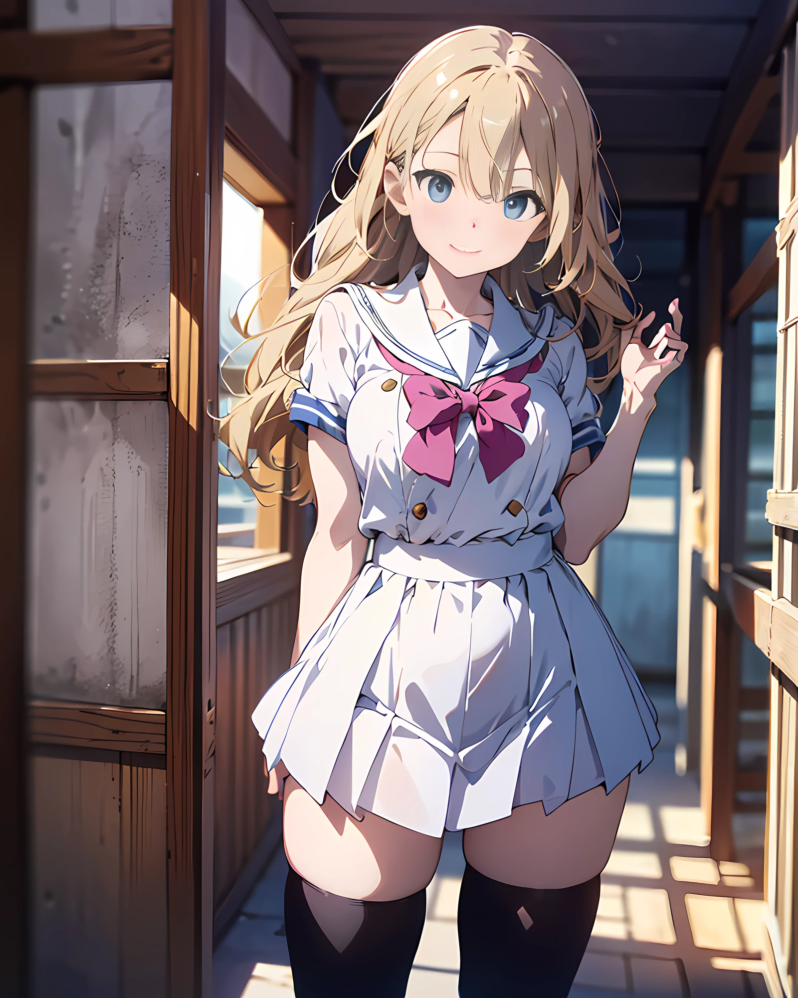 anime style illustration, highres, ultra detailed, (1girl:1.3), (dynamic pose):1.0 BREAK, cowboy shot, (pale skin:1.3), ((detailed blue eyes)), (bokeh effect), (dynamic angle), 1 extremely beautiful and glamorous Korean Idol at bedroom, (wearing a school girl outfit, pink sailor shirts and dark-grey pleats skirt, black stockings), BREAK, she has blonde wavy two-side-up hair style, medium-breasted, light smile, happy, wind, 8 life size, detailed clothes, detailed body, detailed arms, human hands, detailed hands, blush, light smile, pink lip gloss, looking the viewer, facing the viewer, sexy model posing, extremely leaning forward against the viewer, studio soft light, cinematic light, detailed background, realistic, ultra-realistic, masterpiece, 32k ultra-sharp image, Japanese anime waifu, concept art by Kyoto animation, Makoto Shinkai,