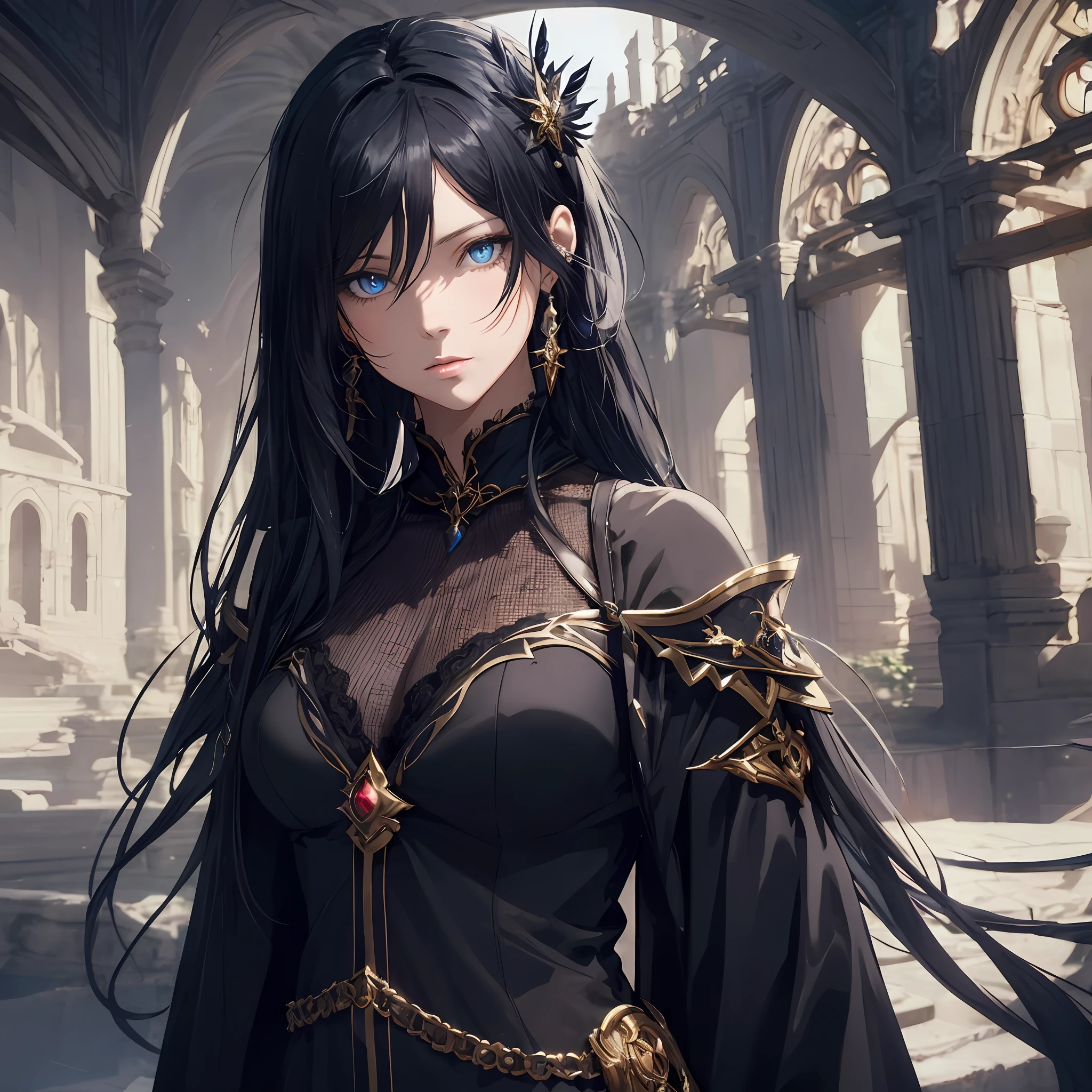 masterpiece, best quality, 1woman adult, female focus, solo, black hair, vibrant blue eyes, long hair with fringe, looking at viewer, closed mouth, bangs, Fantasy aesthetics, fantasy earring, Highly detailed, shadowverse style, black attire, sorceress