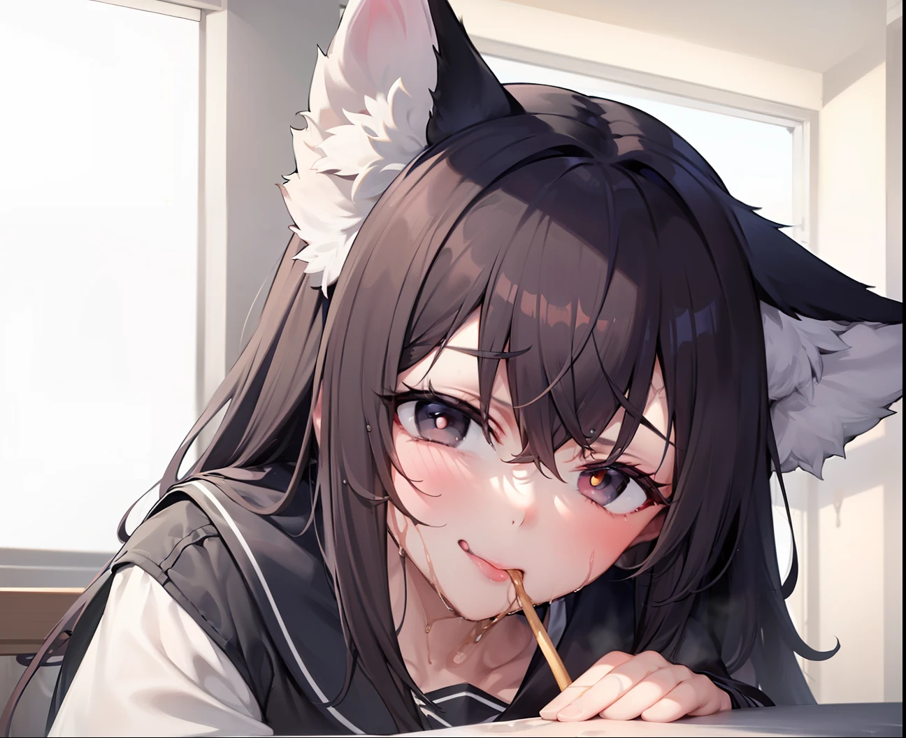 （（8K，RAW photos，top Quority，tmasterpiece）in the breast，（Bare upper chest：2）， inside in room， No bra ， heavy breath， sexual expression invite，face ，（（The blush is violent：1.8，White opaque milk spilled all over the face:2），leges，（（（spread their legs，Sit down with your knees bent，Expose inner thighs，Expose deep thighs）））），Orange pupils，beak，（with her mouth open：1.5），Tongue stock，Stick out your tongue ，Wet body，HD RAW color photo professional close-up Photograph，（realisticlying，realisticlying：1.37），（HighestQuali），（Best shadow），（Most Best Illustration），），（（Pornography，Raised sexy，超高分辨率，HD CG unified 8K wallpaper，physically-based renderingt，cinmatic lighting），（aegyo sal：1）（grey blazer，Ribbons，sockes，High School Uniforms：1.2），high school classroom， beatiful detailed eyes，Light on the face，（（full body shot shot：1.2）），Particularly bright light，（Upper Eye，grinning smile：1.2），shiny skins，((A white wet body is the best:2)，(Milk spillage:2，))（thick thight），ulzang-6500-v1.1：0.2，is shy，（flash lights：1.2），NSFW，（puffynipple)，（（tempting pose：1.2，big breasts enchanting：1.2）），（Idle），Sit at a desk in the classroom，（（Good anatomy：1.2）），（（Bright and refreshing classroom，The background is blurred out： 1.2）），s the perfect face，cute  face，（high-angle shot：2）full bodyesbian((Wet body)，(Sprinkle with plenty of milk，))，Attractive female body，big breasts beautiful，The most famous in the world，a constriction of the waist，beautifullegs，Detailed eyes，Brunette wolf girl，Wolf ears，Wolf tail，Short hair，Sexual suggestiveness，Lace panties，((Exposed panties: 2))，Overlooking，looking at viewert，
