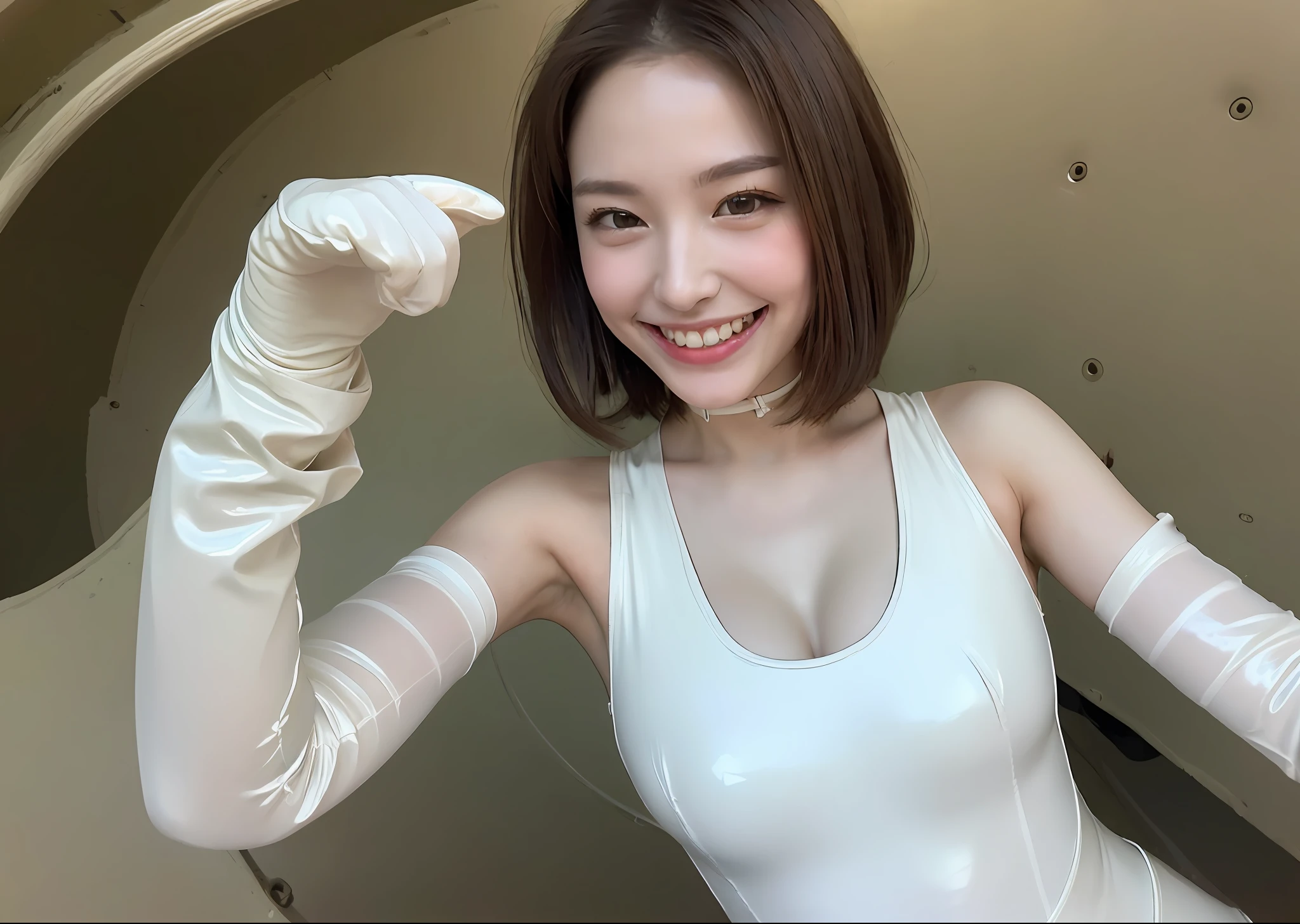 ((top-quality、masterpiece:1.3)), foco nítido:1.2, Cute 20s woman with perfect body shape smile:1.4, A slender、abdominals:1.1, ((dark brown hair、hugetits:1.2、White latex leotard:1.7、long gloves in white latex:1.7、Looking at the camera、Shooting from a tank with a smile:1.4)),(wasteland:1.4) Highly detailed facial and skin texture, A detailed eye, 二重まぶた、hugetits