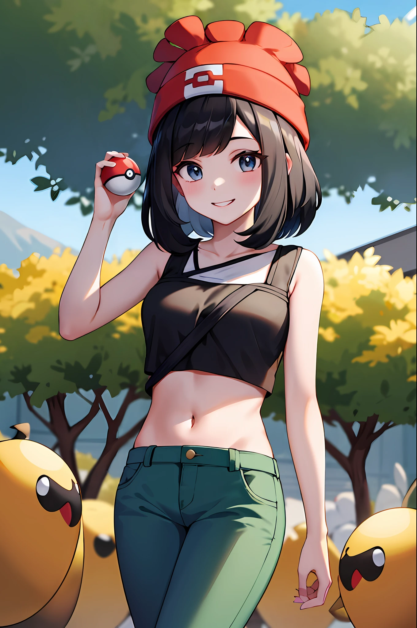 obra maestra, mejor calidad, highres, selene1, 1girl, selene1, 1girl, selene \(pokemon\), solo, ojos grises, cabello negro, pantalones cortos verdes, sombrero rojo, gorro, camisa, camisa atada, mostrand9 underboobs, estampado floral, pelo corto, mangas cortas, pantalones cortos, rayas, camisa amarilla, beltt, midriff, cowboy shot, hierba, flor, tree, sonrisa, sosteniendo poke ball, mano en la cadera, poke ball \(basic\),