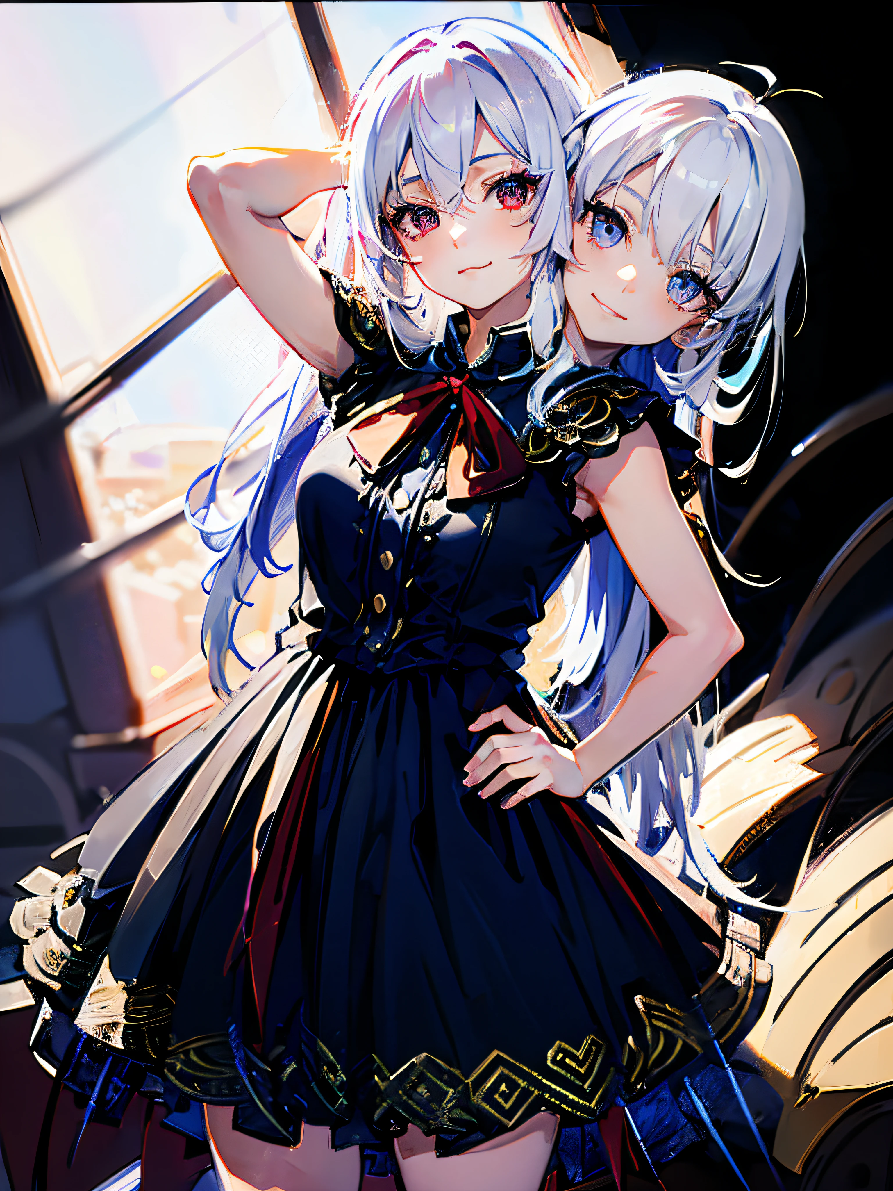 (highly detailed 8k wallpaper), best resolution, (2heads:1.5), anime girl with two heads, white hair, red eyes, winking, right hand behind head, left hand on hip, wearing a dress, left leg bent, standing pose, natural pose, studio, white room backdrop