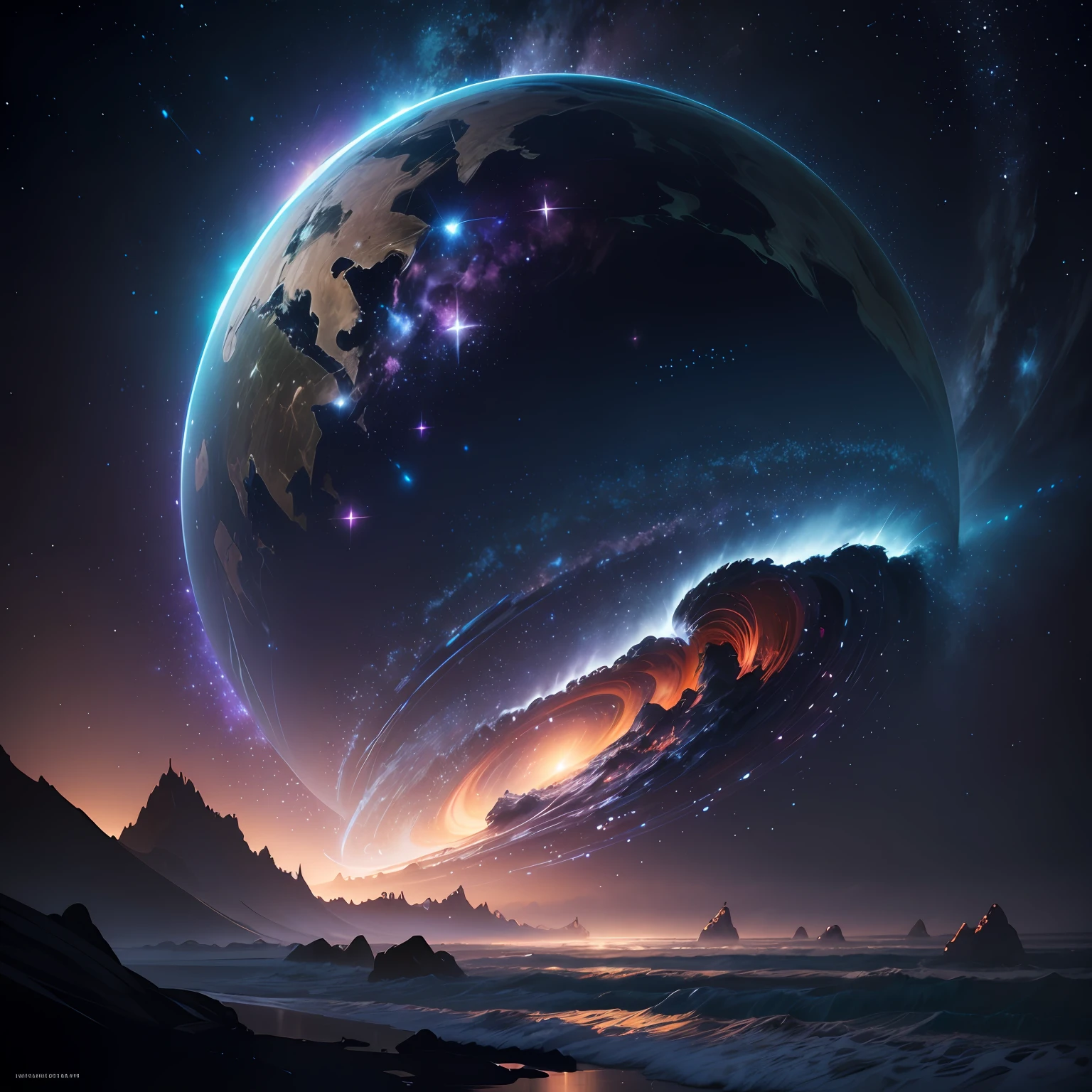 the cosmic wave of radiant starlight; slow shutter speed, hyperrealism, extreme detail, vivid, intricate, digital illustration by thomas cook and ismail inceoglu; 64k, hdr, cryengine, nvdia ray tracing, --auto
