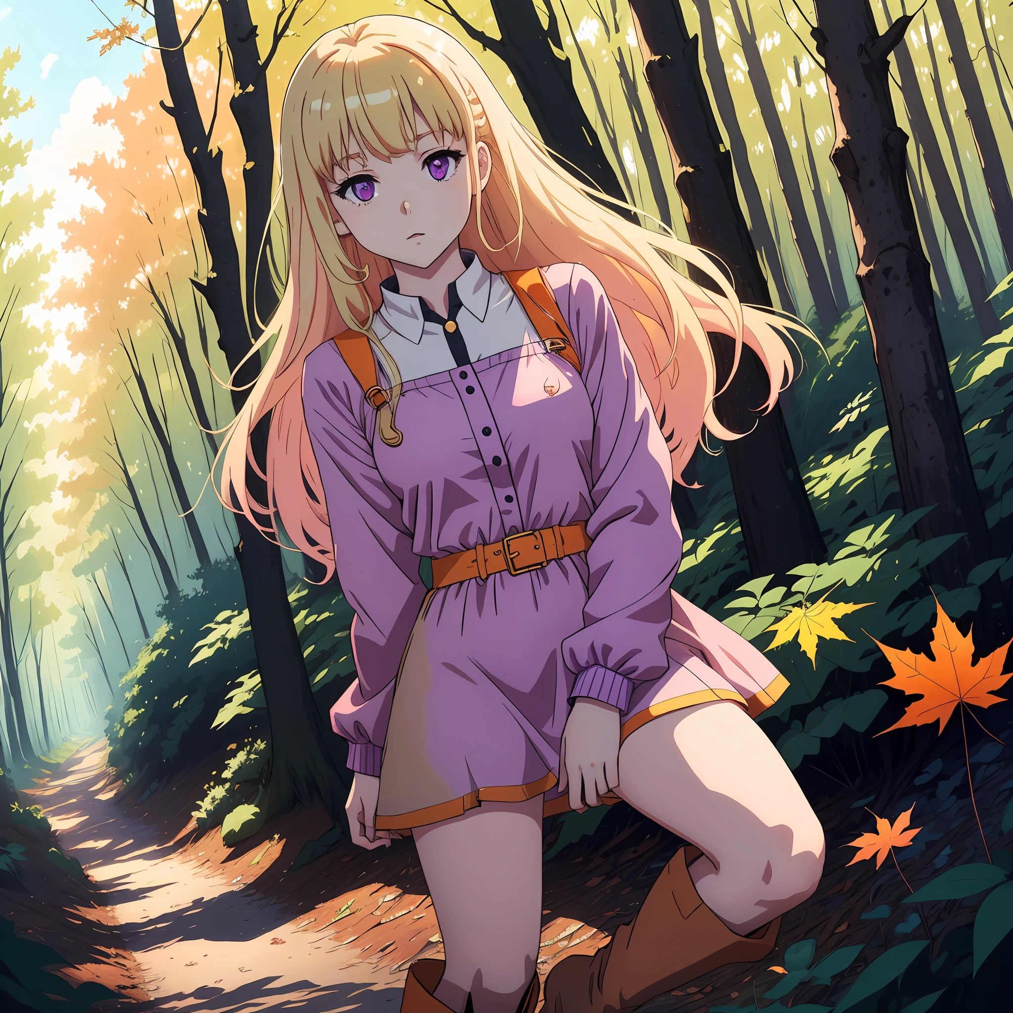 One Light blonde haired 2d anime girl with pale bluish purple eyes wearing gold pink short dress with blank knee length boots in an orange maple leave forest under bright blue sky alone by herself