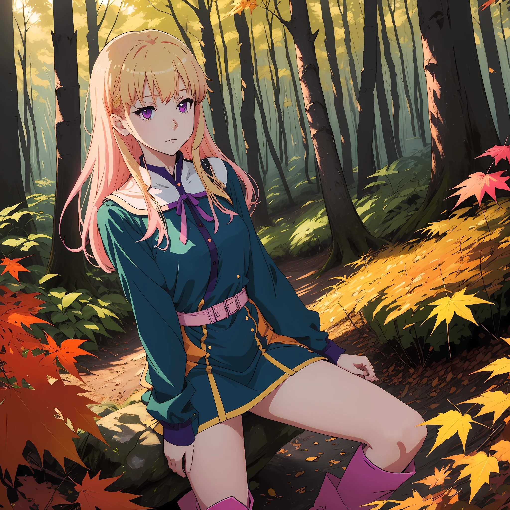 One Light blonde haired 2d anime girl with pale bluish purple eyes wearing gold pink short dress with blank knee length boots in an orange maple leave forest under bright blue sky alone by herself