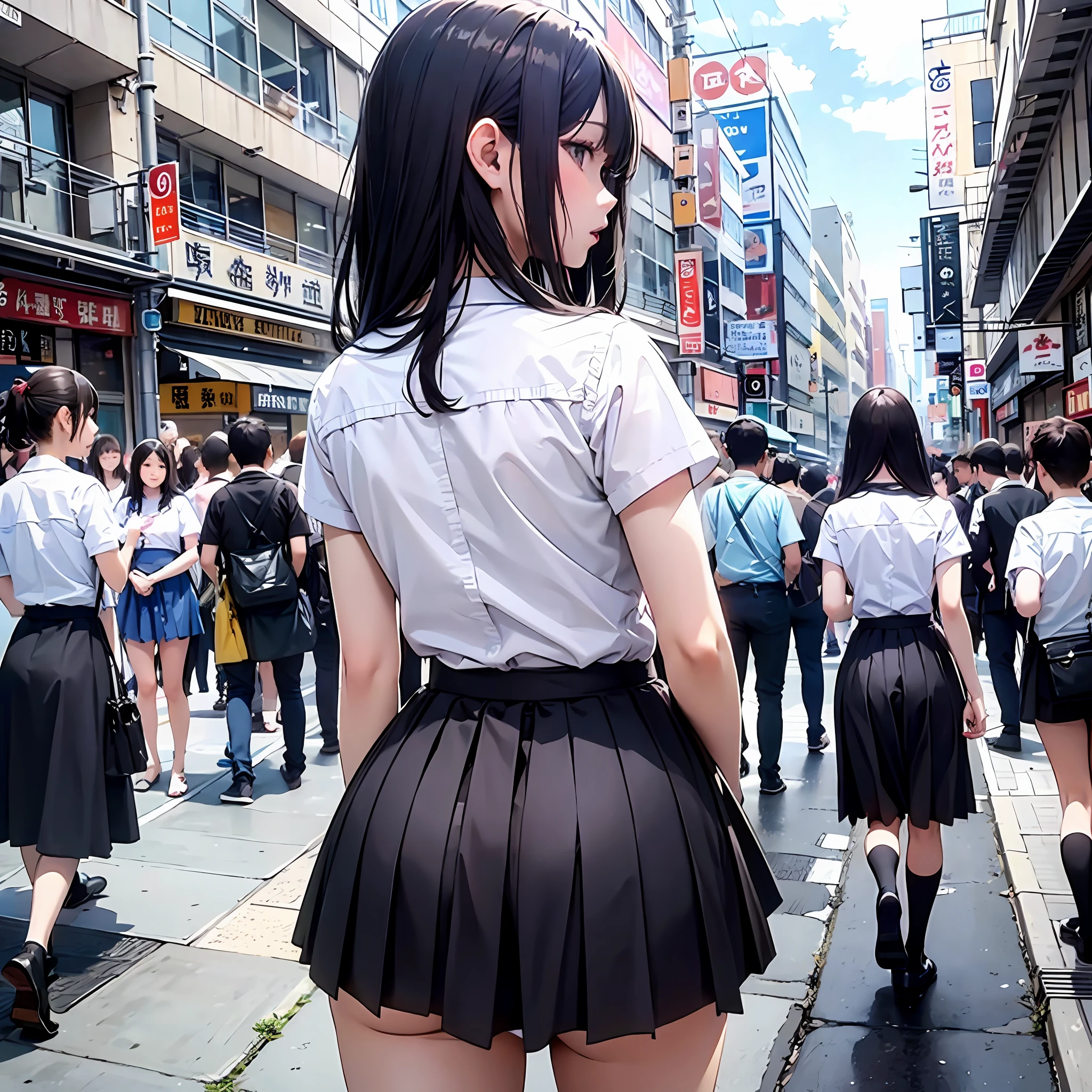 女の子1人、adjusting clothes、Street、Large crowds、white  shirt、from the rear、s ass、Skirt pulling、pleatedskirt、white  panties、​masterpiece、top-quality、A highly detailed