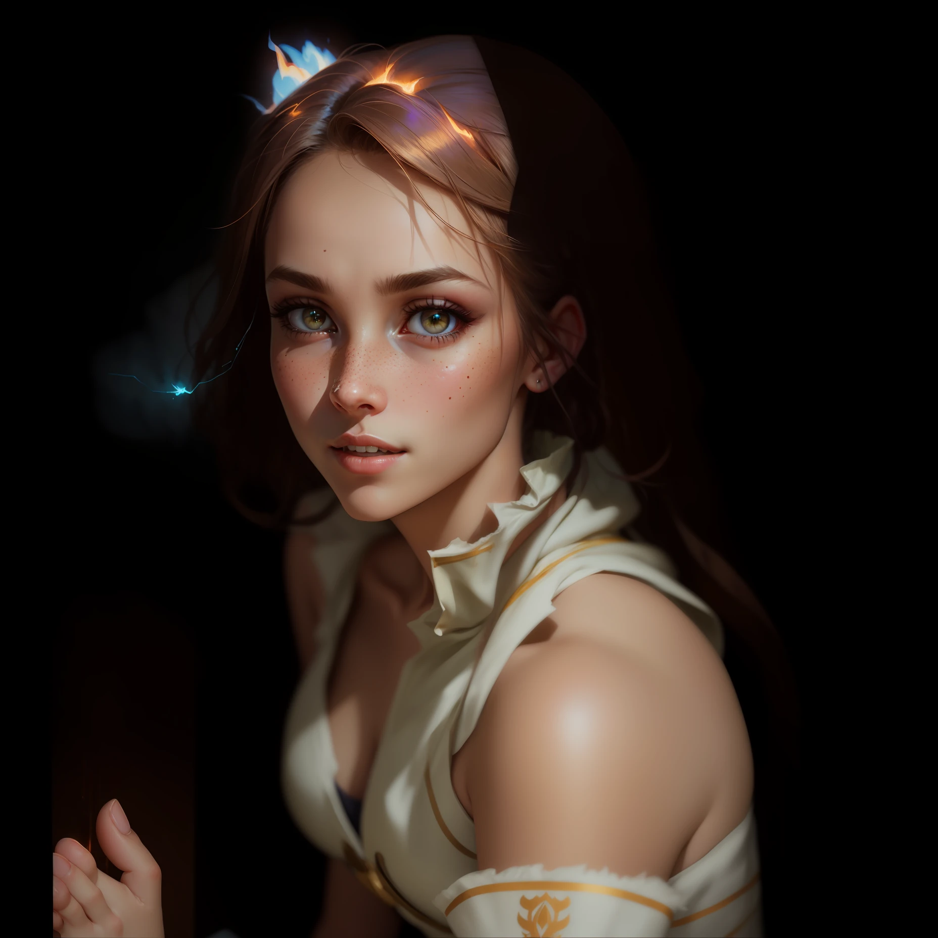 High detail RAW color Photo of pale beautiful young woman (((Amused beautiful, petite, slim) with angular face, pointed chin, feminine, large eyes)), ((wearing rags, damaged)) cape, realistic, symmetrical, highly detailed, harsh lighting, cinematic lighting, art by artgerm and greg rutkowski and alphonse mucha, ((tornado, sparks, embers)) quad tails, showing breasts, serious eyes, contrast, textured skin, cold skin pores, hasselblad, 45 degree, hard light, gigapixel , feet visible, flawless face, freckles, perfect hairy