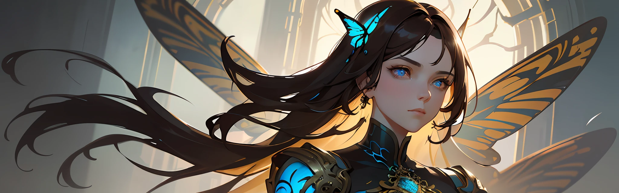 8k portrait of beautiful cyborg with brown hair, intricate, elegant, highly detailed, majestic, digital photography, art by artgerm and ruan jia and greg rutkowski surreal painting gold butterfly filigree, broken glass, (masterpiece, sidelighting, finely detailed beautiful eyes: 1.2), hdr,